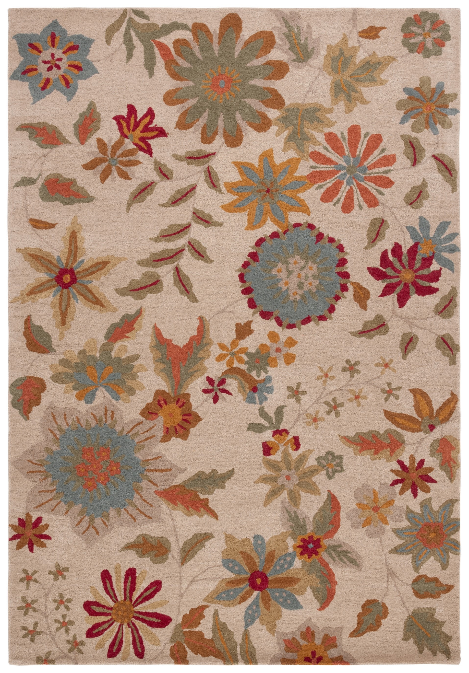 Ivory and Sage Floral Tufted Wool Area Rug, 6' x 9'