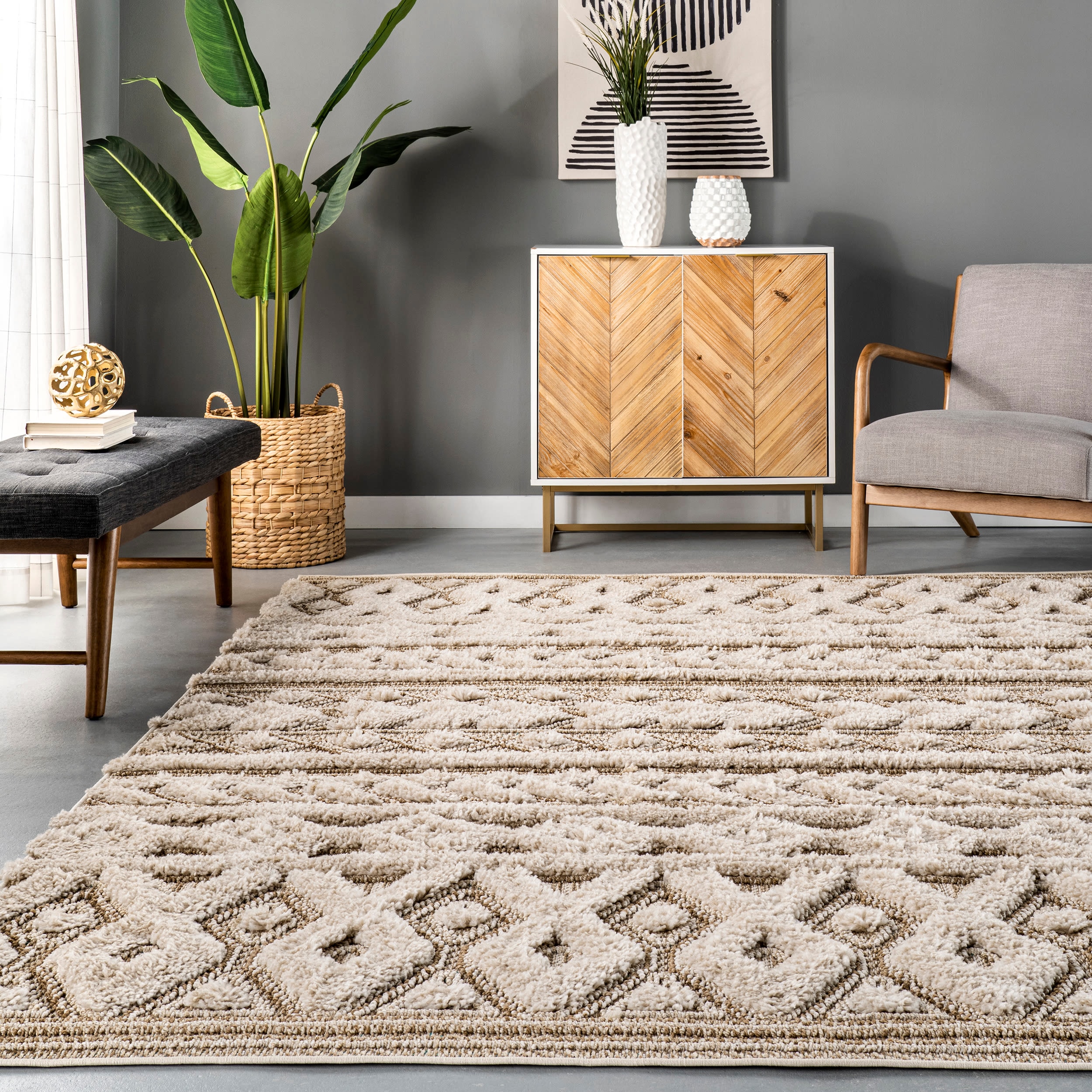Beige 4' x 6' Rectangular Shag Synthetic Area Rug