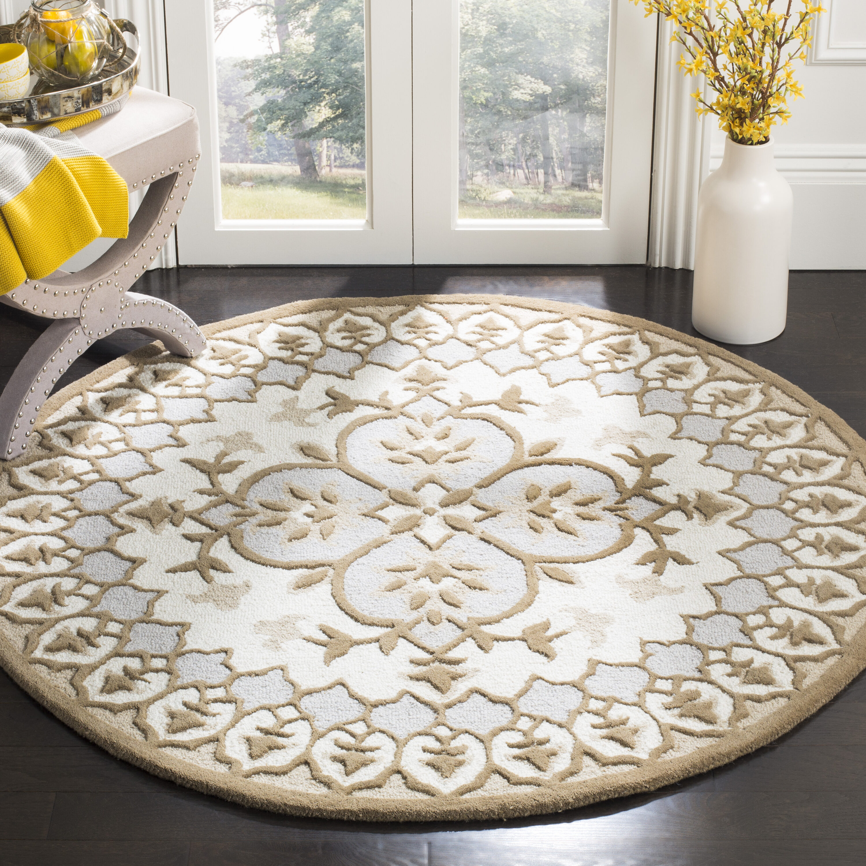 Safavieh BLG610B-5R Bellagio Merida 5 x 5 (ft) Tufted Wool Ivory/Dark Beig Round Indoor Floral/Botanical Bohemian/Eclectic Area rug