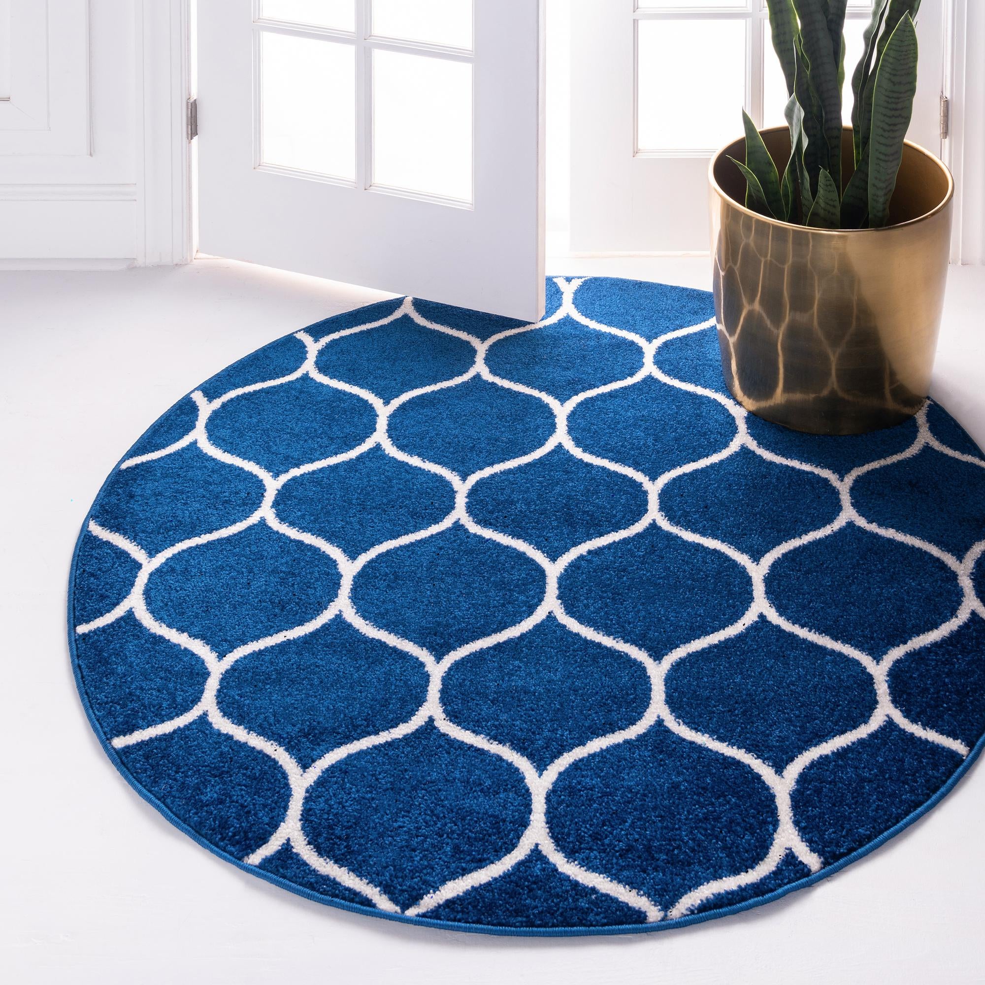 Unique Loom 3146408 Trellis Frieze 8 x 8 (ft) Loomed Polypropylene Navy Blue Round Indoor Trellis Area rug