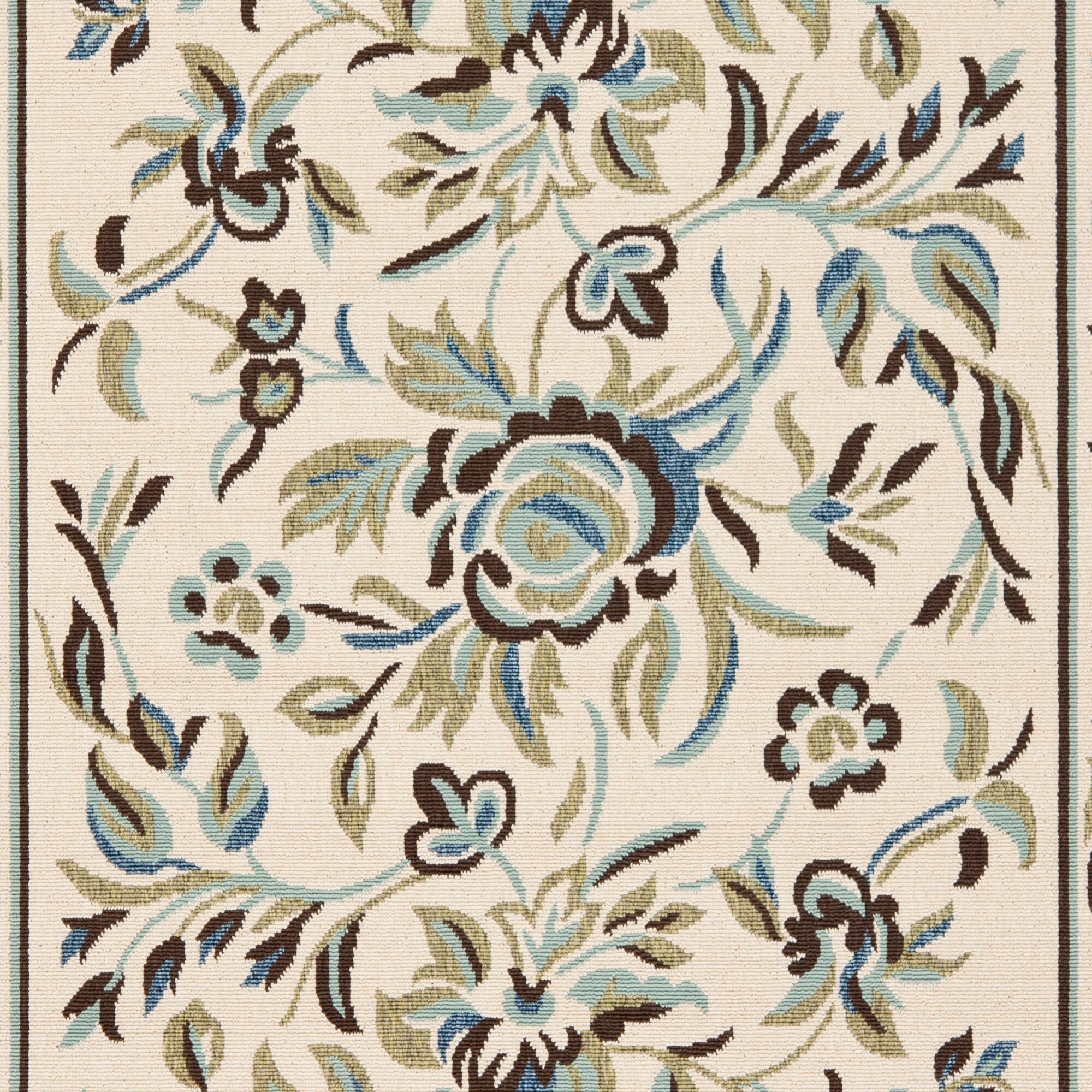 Cream and Green Floral Synthetic Square Area Rug