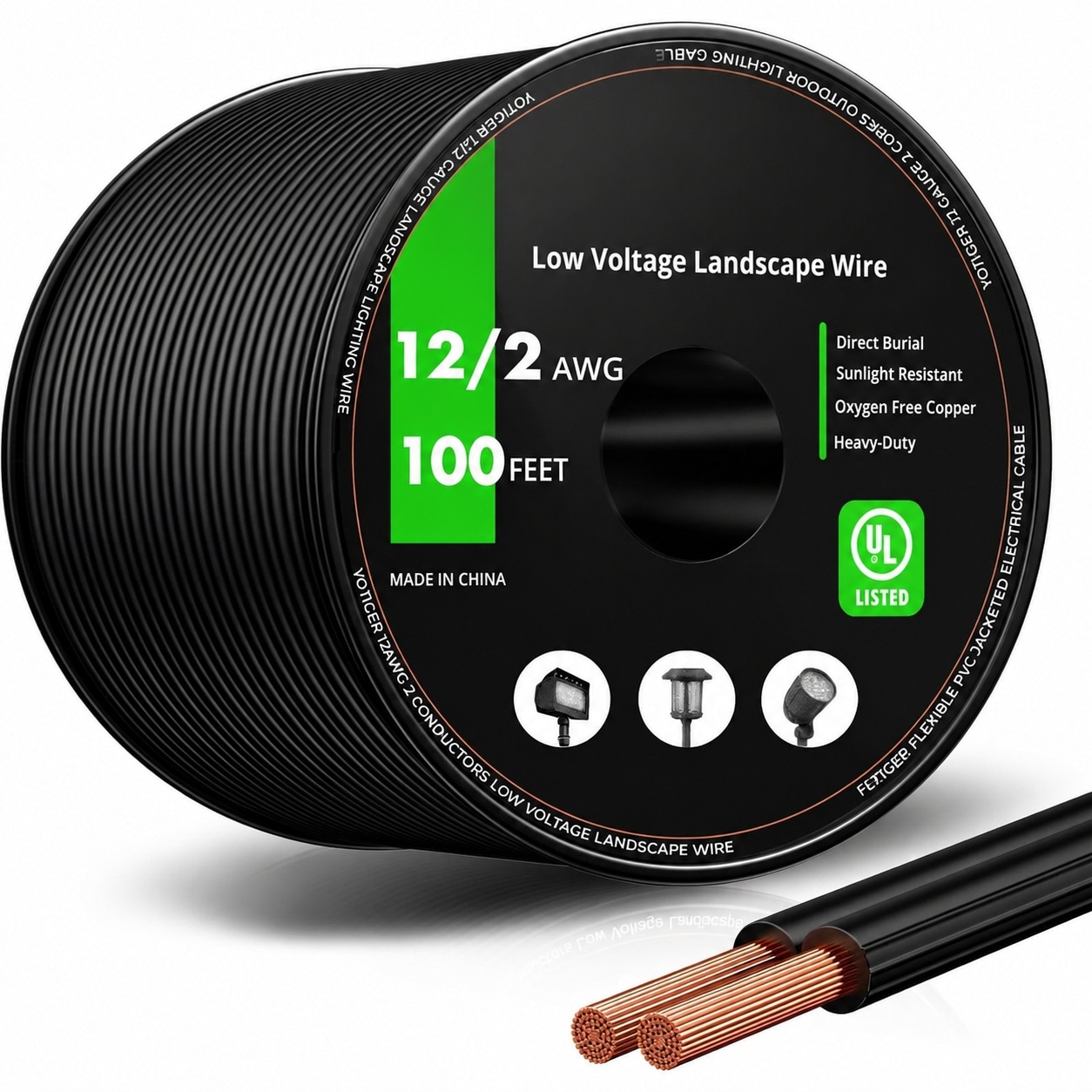 AKSCYZM  12 Gauge Low Voltage Landscape Wire 100FT 12AWG 2 Conductors Copper Wire Direct Burial Electrical Wire for Outdoor Accent Path and Spot
