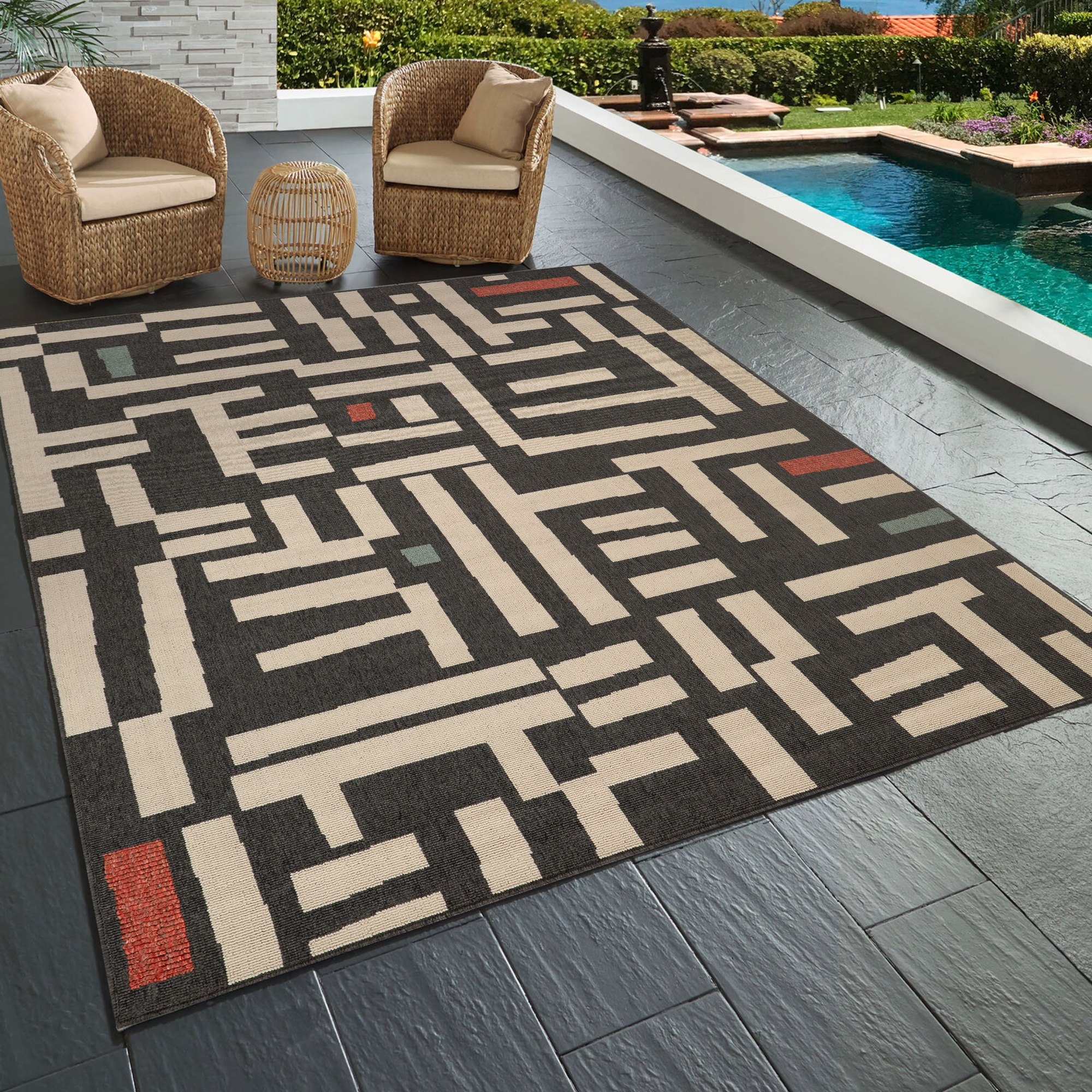 LR Home 1493A4590304J8 8 x 10 (ft) Loomed Polypropylene Black/Ivory Rectangular Indoor Geometric Bohemian/Eclectic Area rug