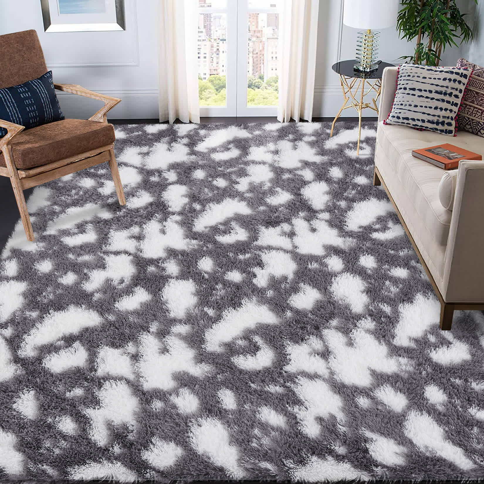 Qeetex MIERUG-PHK-33MECW6P 5 x 7 ft Polyester Dark Grey Rectangular Living Room Bedroom Dining Room Cloud Print Fluffy Shaggy Soft Indoor Modern Area Rug