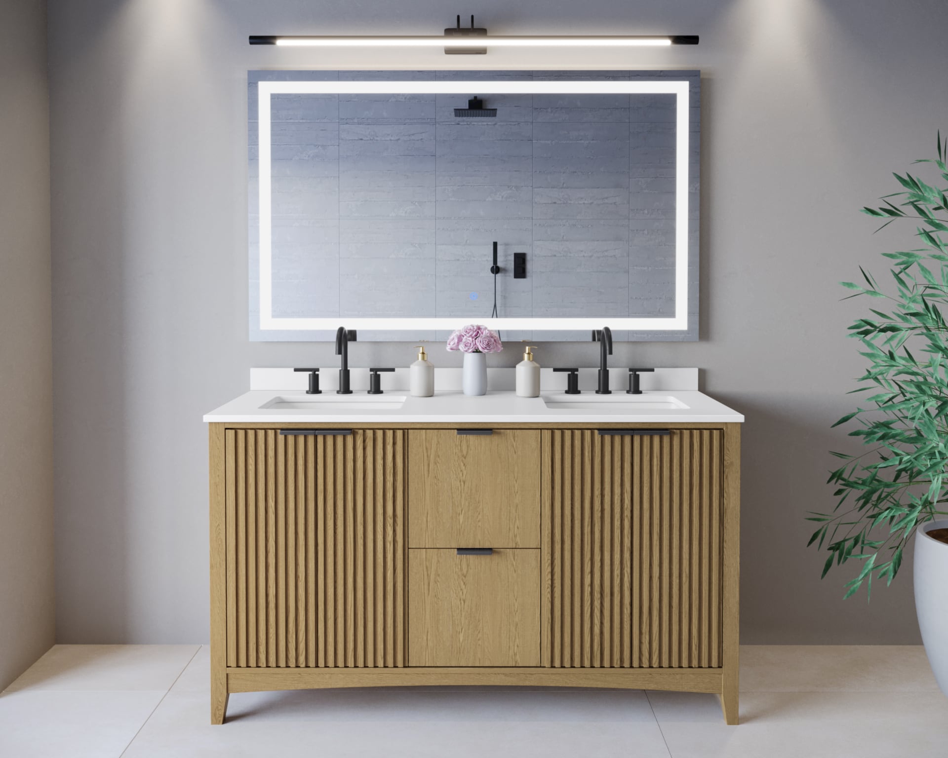 Wyndham Collection - Palmilla 60-in Natural Oak with Matte Black Trim Undermount Double Sink Bath...