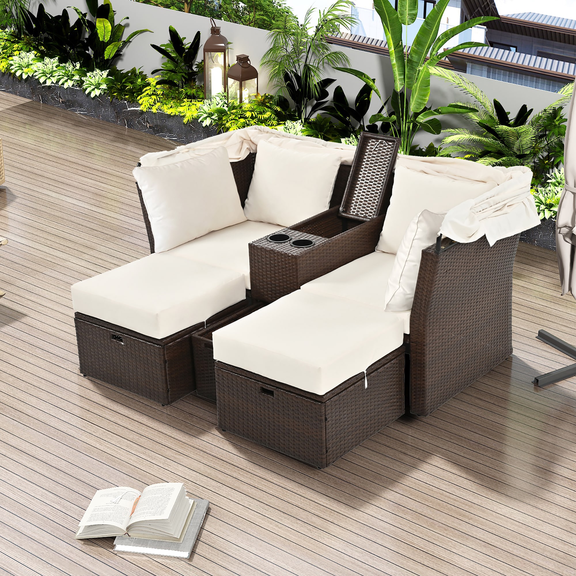 ModernLuxe L-SZ000020AAA 2-Seater Outdoor Patio Daybed Outdoor Double Daybed Rattan Outdoor Daybed with Beige Cushions and Iron Frame