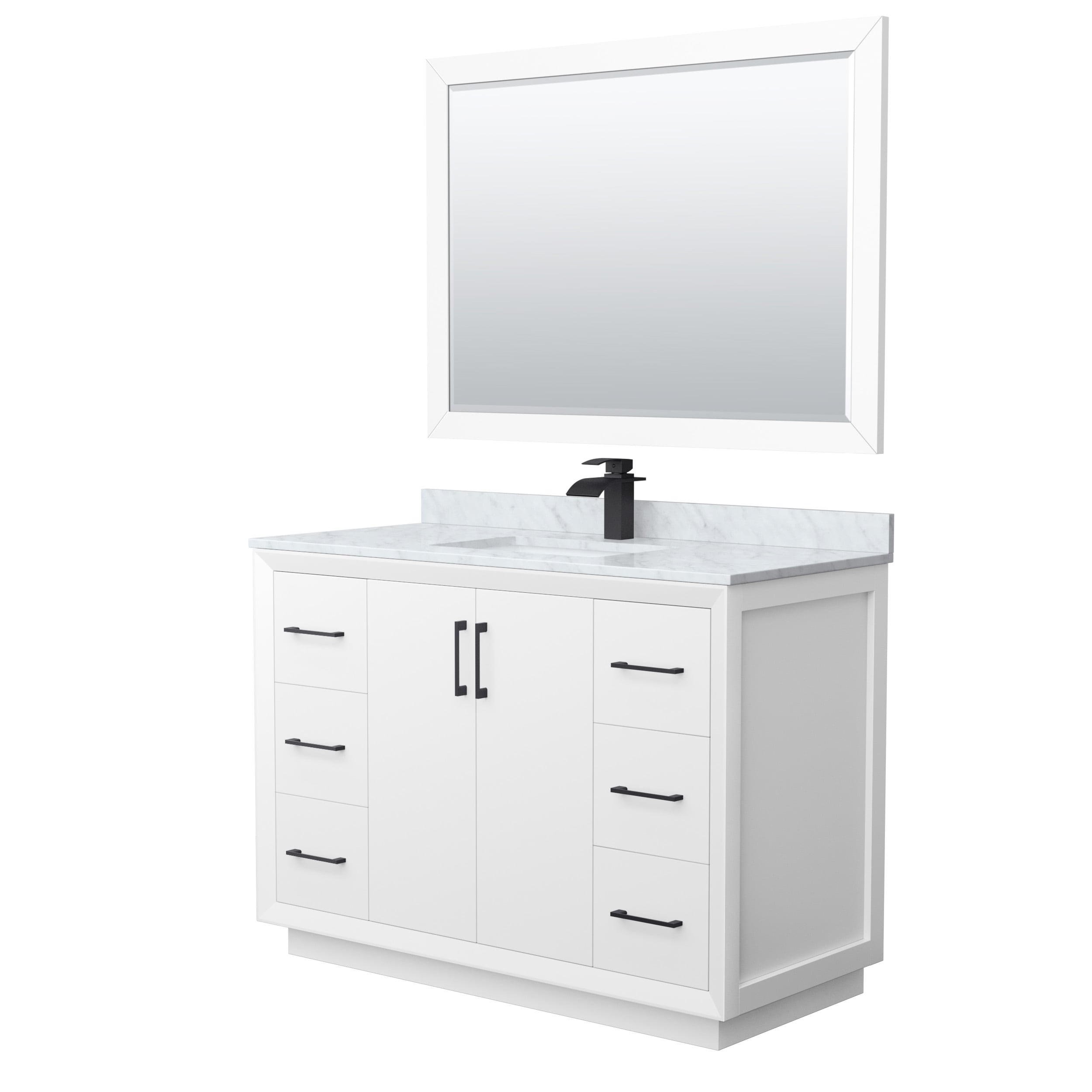 Wyndham Collection WCF414148SWBCMUNSM46 Strada 48-in White with Matte Black Trim Undermount Single sink Bathroom Vanity with White Carrara marble Natural marble Top (Mirror Included)