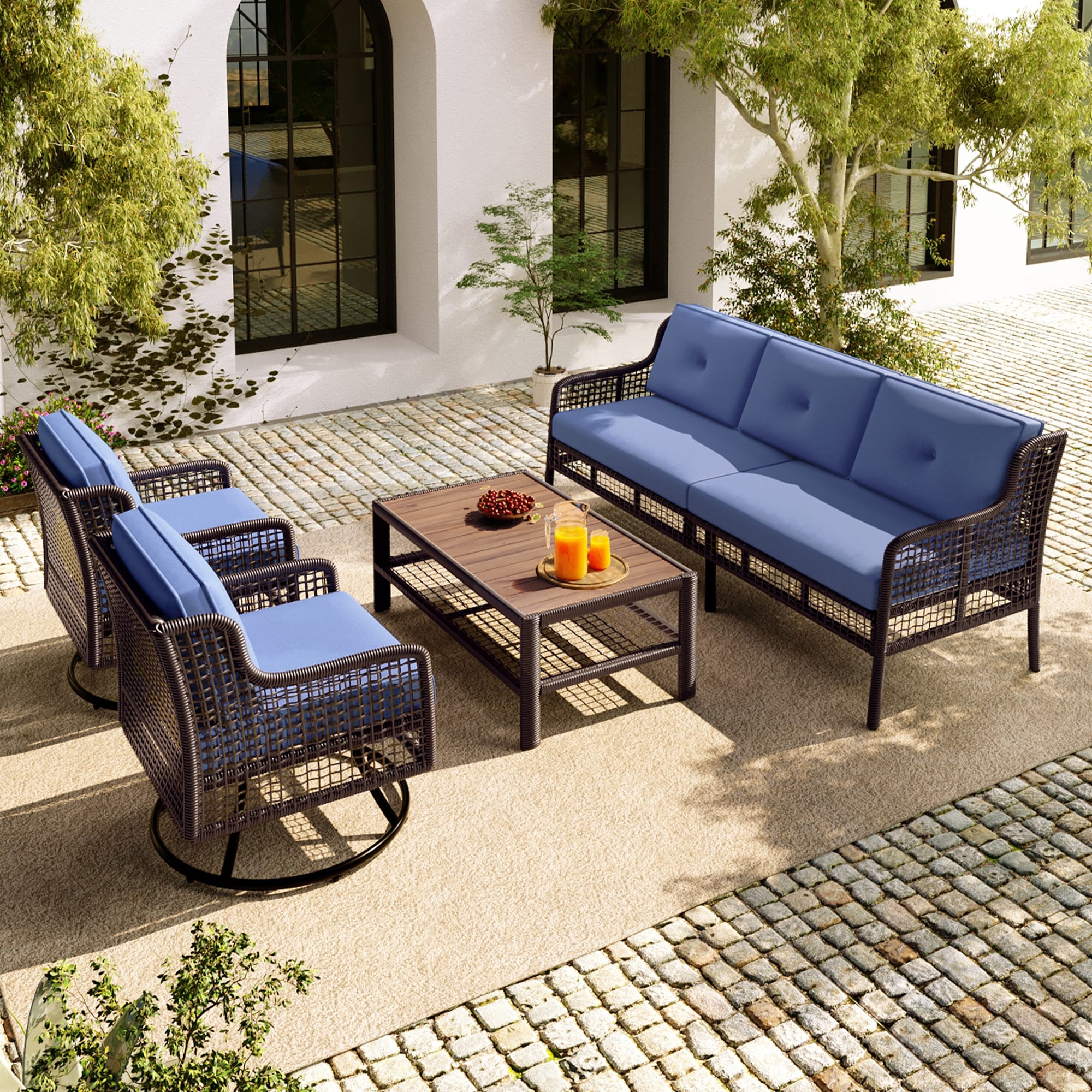 JANSNO OPSOFAELL009 Patio Section Sofa Wicker Outdoor Sectional with Blue Cushions and Wicker Frame
