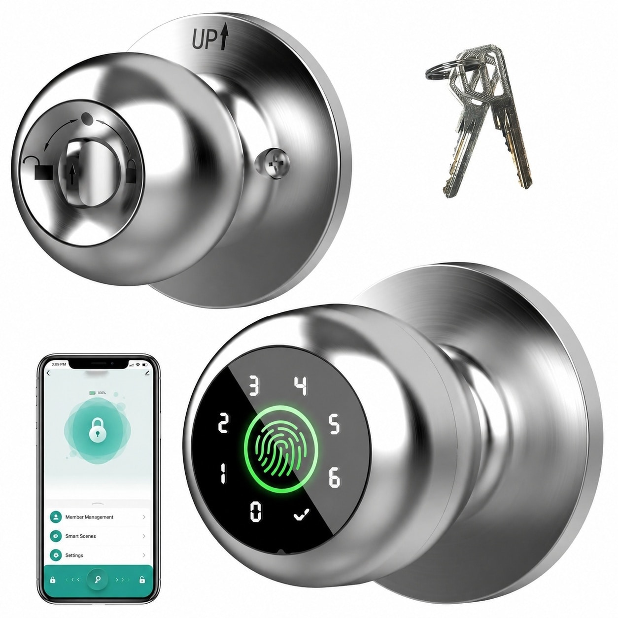 Adrinfly Smart Fingerprint Door Lock 4 in 1 Keypad and App Control Biometric Door Knob with Auto Lock for Bedroom Apartment Garage Office 1 Piece #LAD0509M19