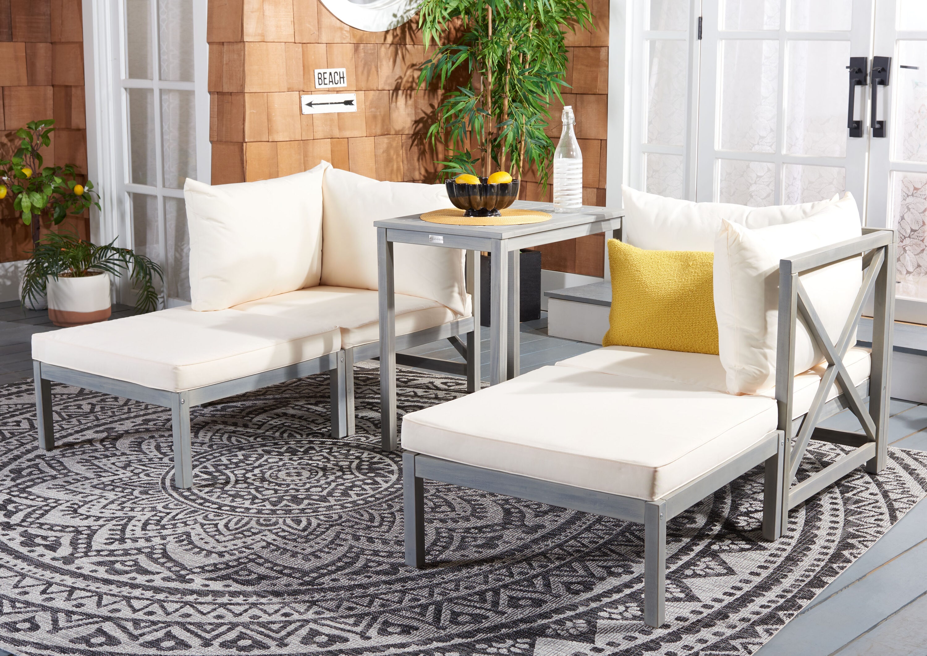 Safavieh PAT6762C Patio Outdoor Sectional with Off-white Cushions and Wood Frame