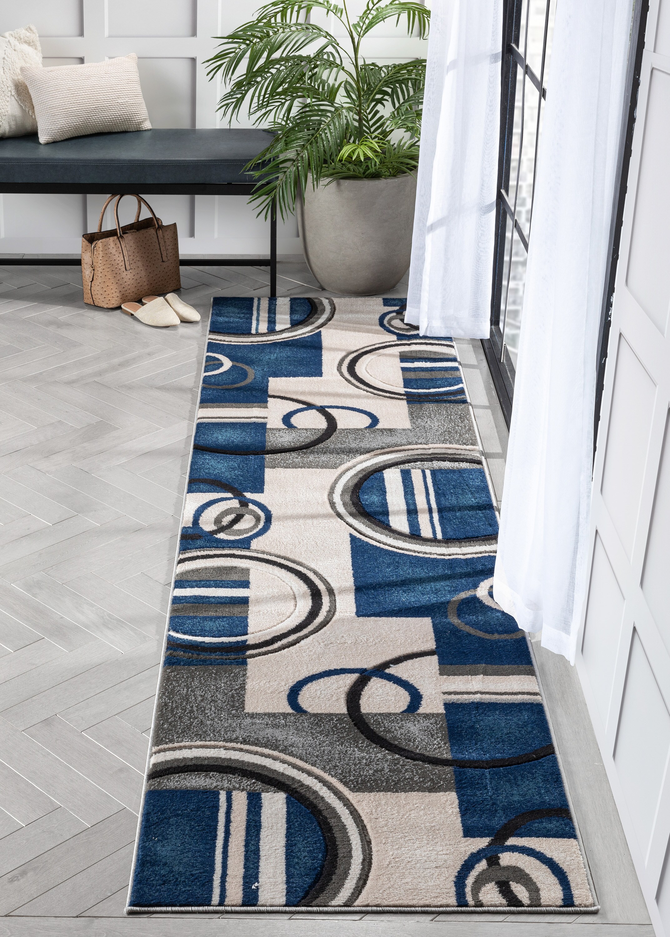 Dark Blue Geometric Synthetic Runner Rug