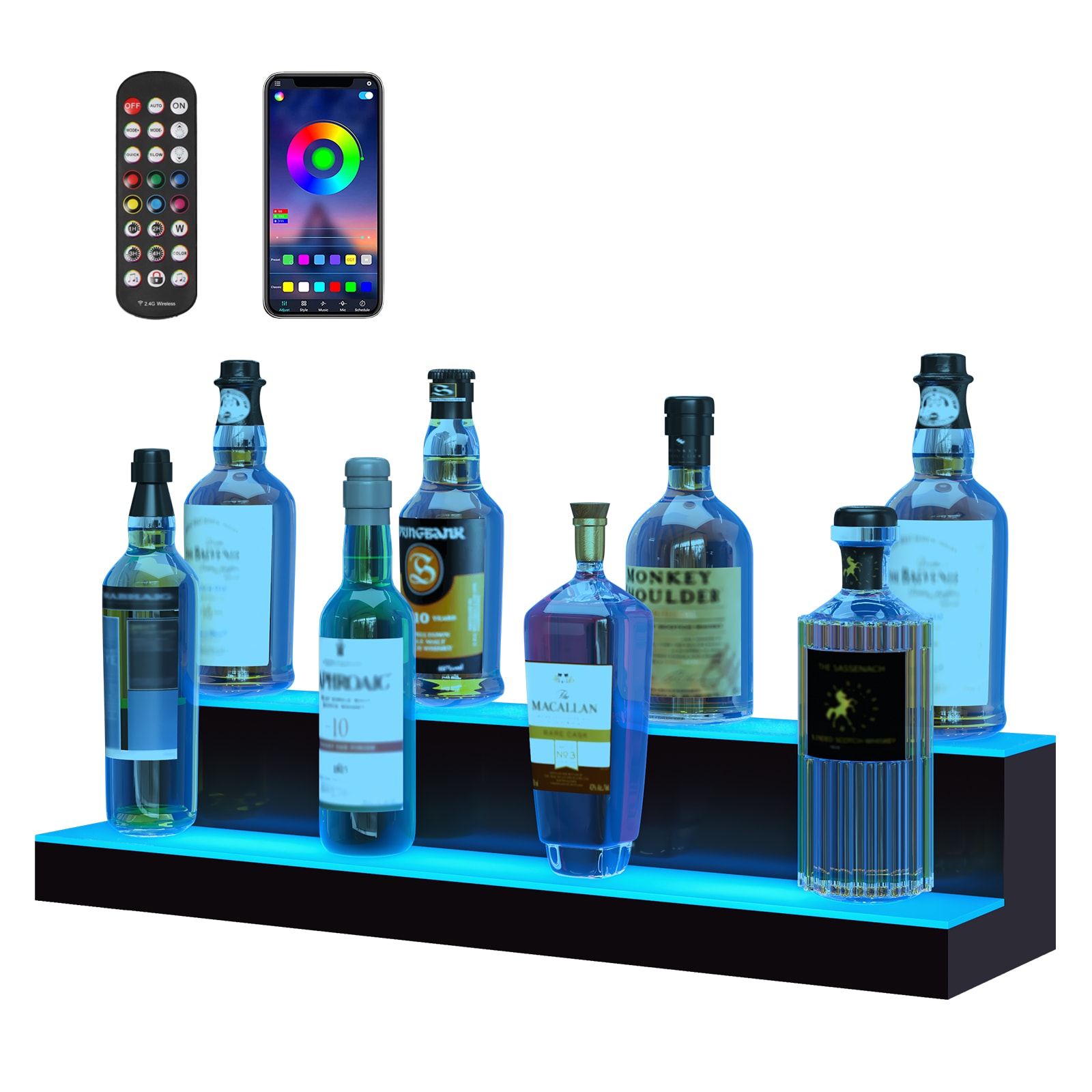 VEVOR SCZTXJPLED2302833V1 LED Lighted Liquor Bottle Display  2 Tiers 30 Inch Commercial Illuminated Home Bar Shelf  2 Steps Whiskey Rack Stand  Acrylic Drink Shelves with RF Remote and App Control  and Multicolor lighting