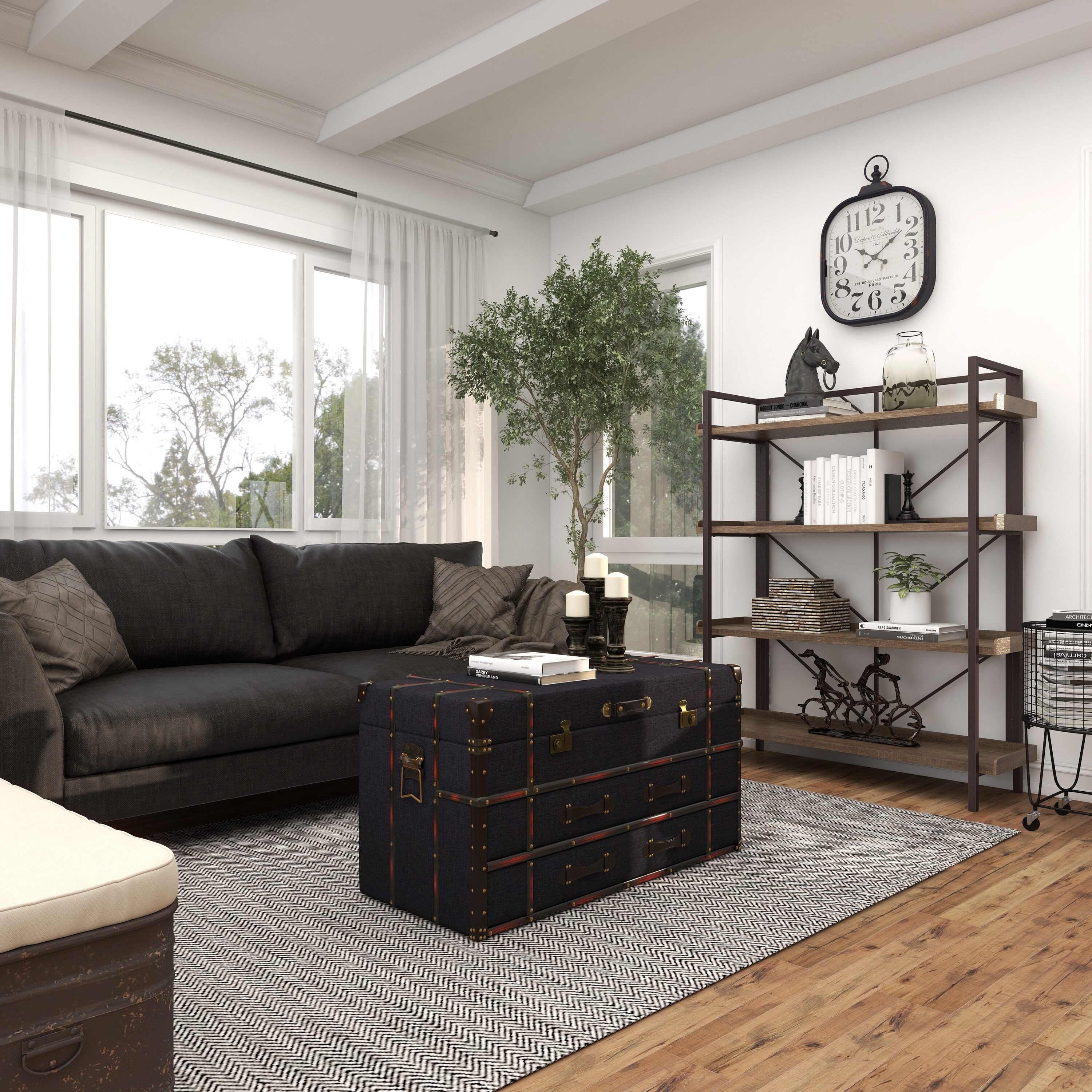 Dark Blue Linen Upholstered Trunk Coffee Table with Storage