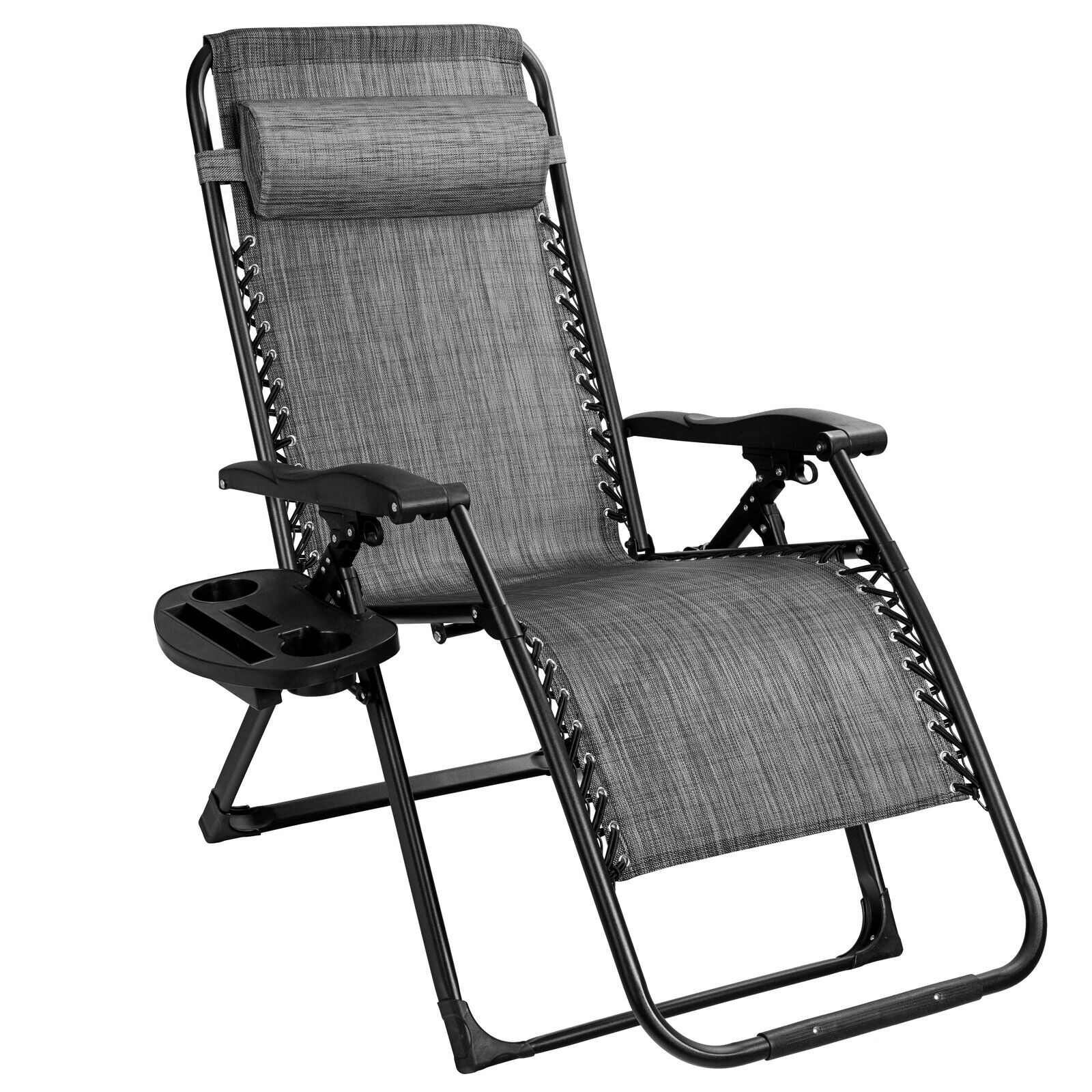 CASAINC Oversize Lounge Chair Patio Heavy Duty Folding Recliner Black Steel Frame Stationary Zero Gravity Chair with Gray Sling Seat
