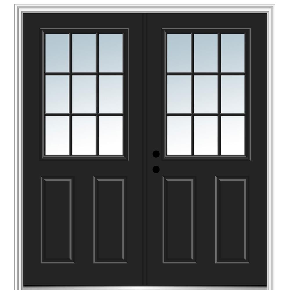 MMI DOOR 68-in x 80-in Low-e Grilles Between The Glass Primed Fiberglass  Center-hinged Right-Hand Inswing Double Patio Door Brickmould Included in  the Patio Doors department at