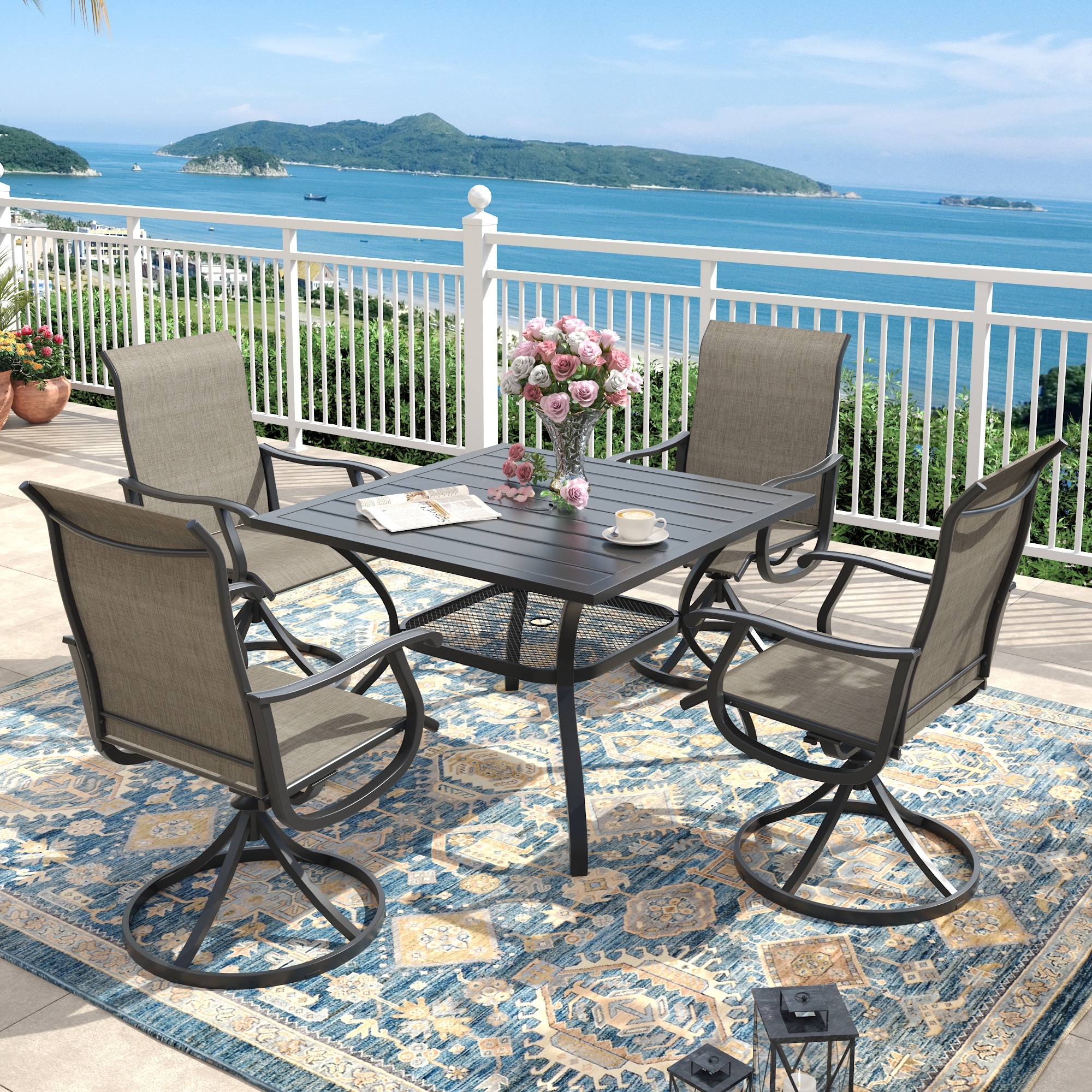 VICLLAX KDTS01BL-KDCS03BL-5V Patio Dining Set 5 -Piece Black Patio Dining Set Steel Square Table with 4 Brown Swivel Chairs