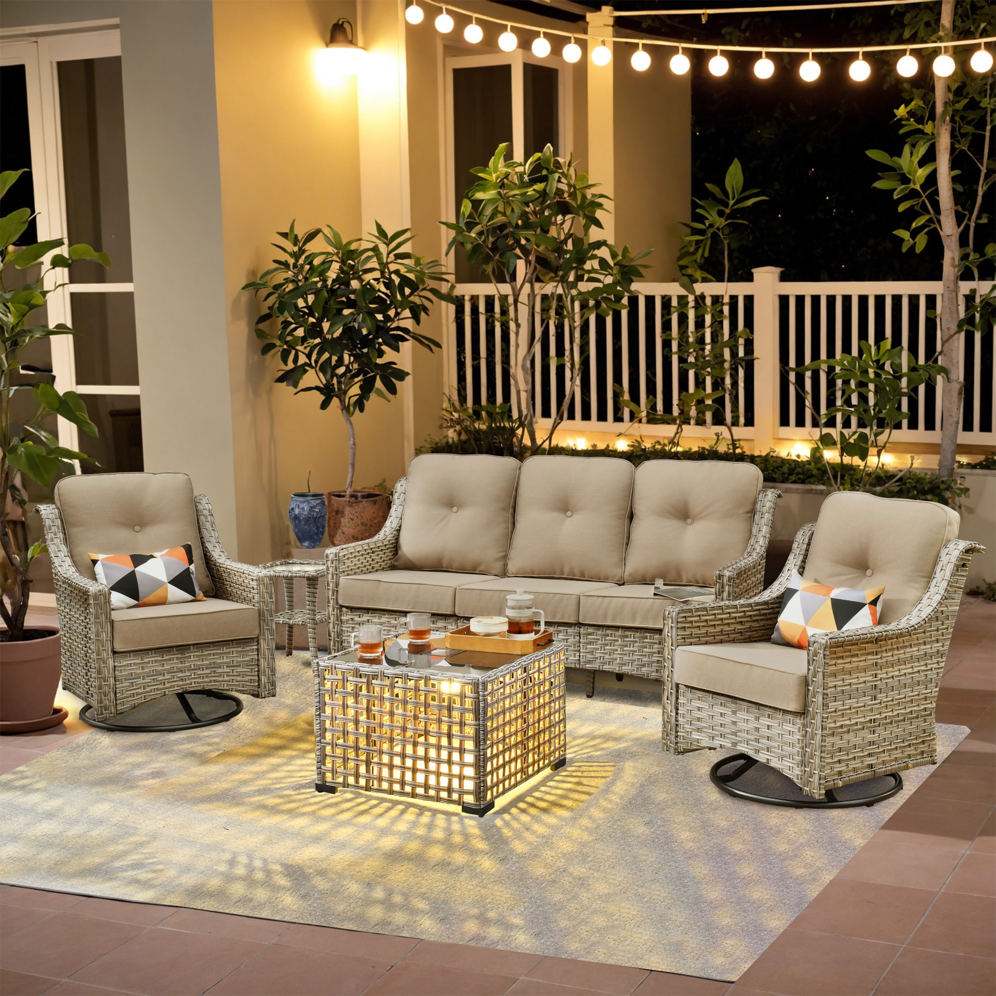 weaxty HMBYZPAD605-T Aireno 5 -Piece Rattan Patio Sofa Conversation Set with Off-white Cushions