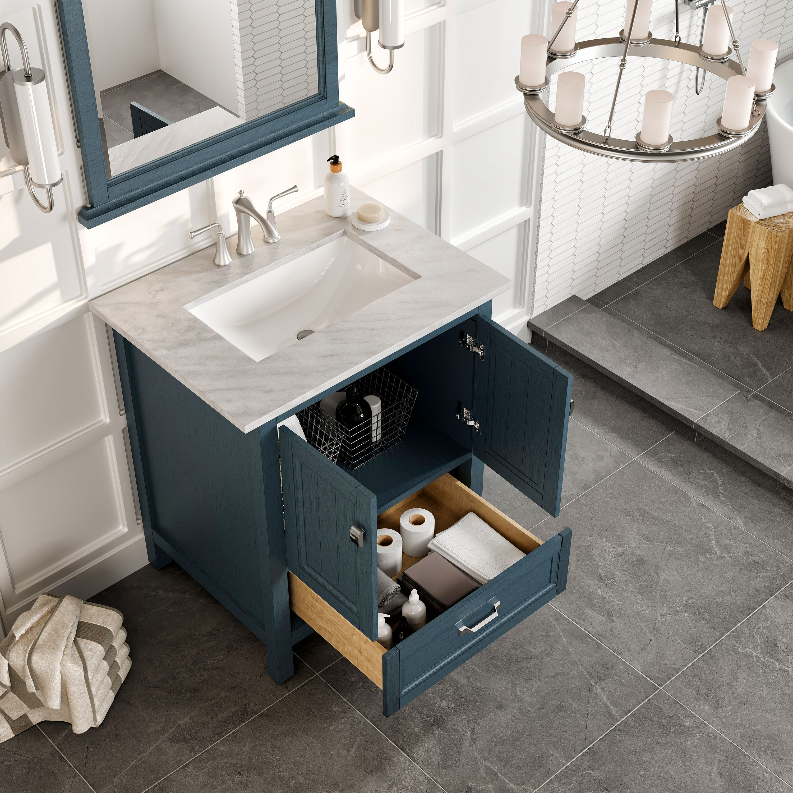 Britney 30" Ash Blue Bathroom Vanity with White Marble Top