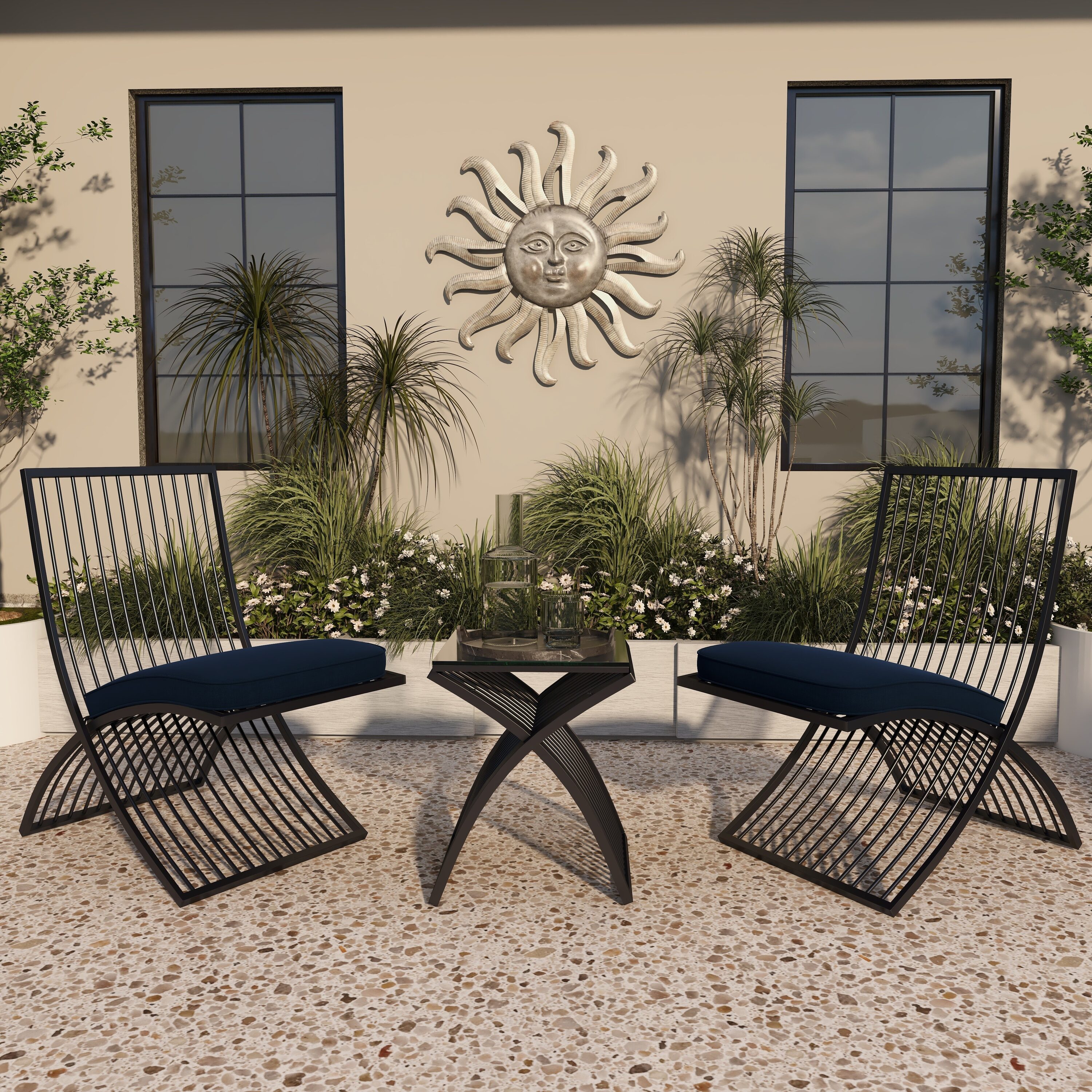 Grayson Lane 3 Piece Patio Conversation Set with Black Cushions in