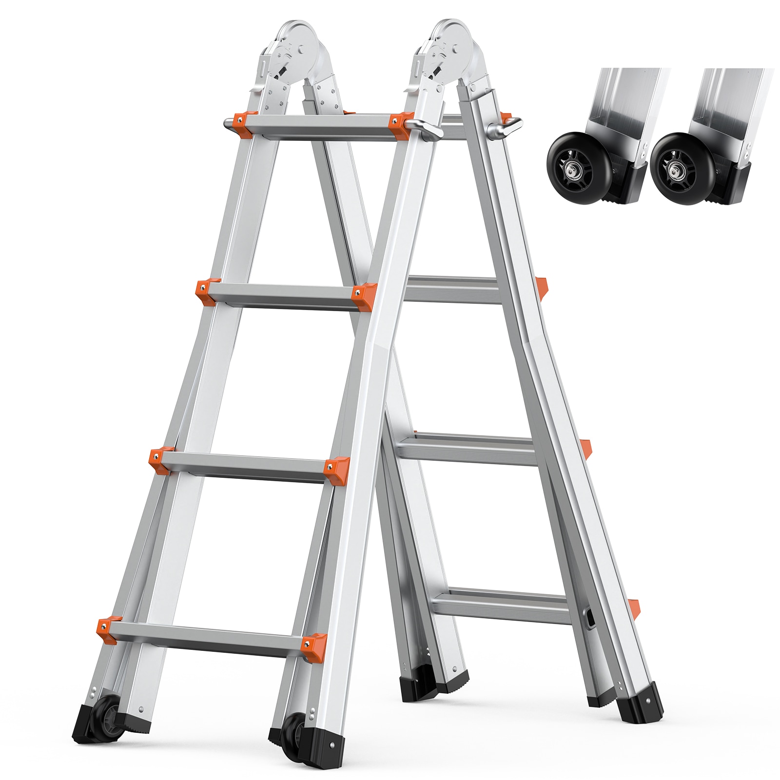 GIVIMO 15.5-ft Telescoping A-Frame Ladder Aluminum Multi-Position Extension Ladder 330-lb Capacity with Dual Base Wheels Three Locking Angles Non-Slip Foot Caps and Collapsible Telescopic Design for Home RV Attic Indoor Outdoor and Roof Work
