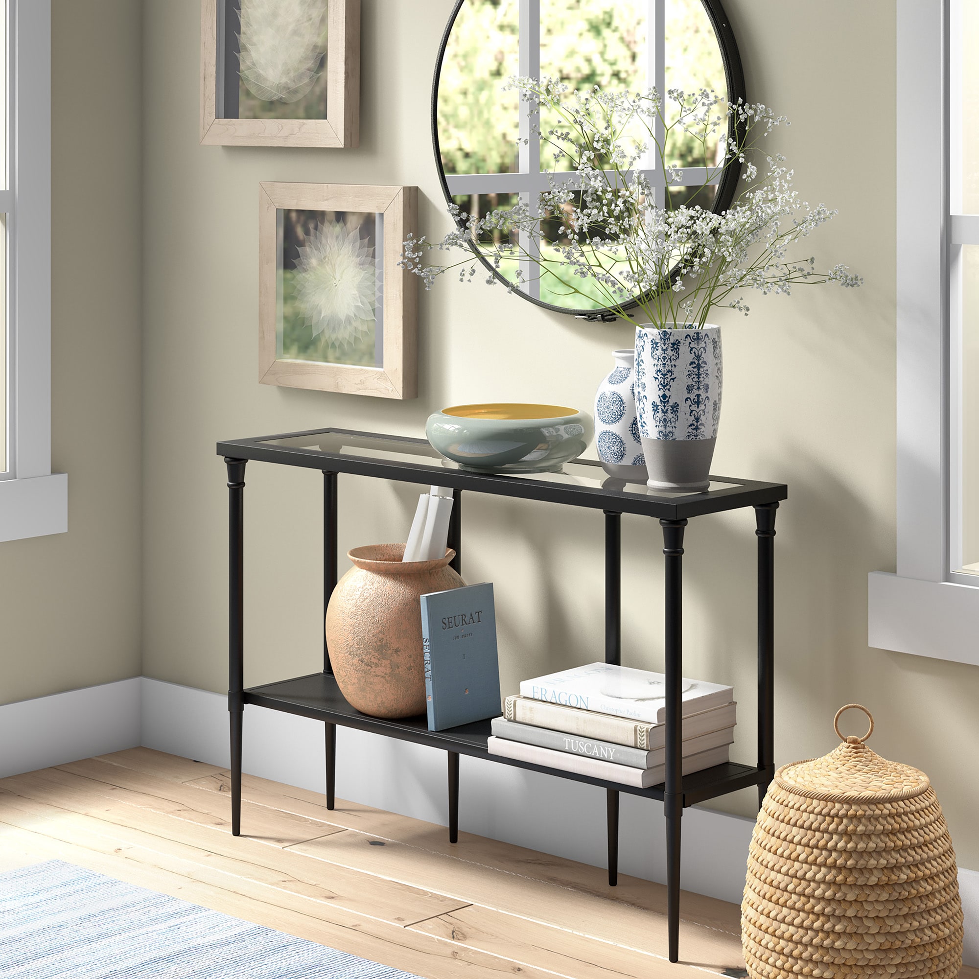 Modern Farmhouse 45" Blackened Bronze Metal & Glass Console Table with Storage