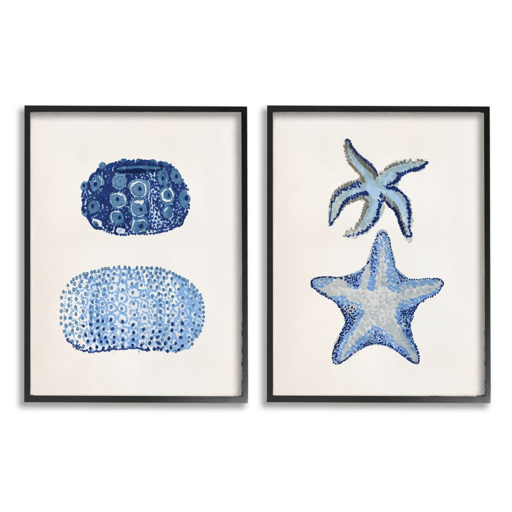 Stupell Industries Minimal Nautical Sea Creatures Blue White Painting Stellar Design Studio Framed 20-in H x 16-in W Coastal Wood Print in Off-White -  A2-077-FR-2PC-16X20