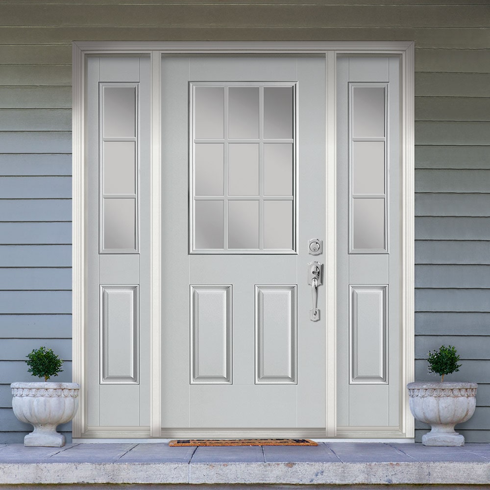 Masonite 1218801 64-in x 80-in x 4-9/16-in Fiberglass Half lite Left-hand inswing Infinity gray Painted Prehung Front Door with Sidelights with Brickmould Insulating core with Grilles