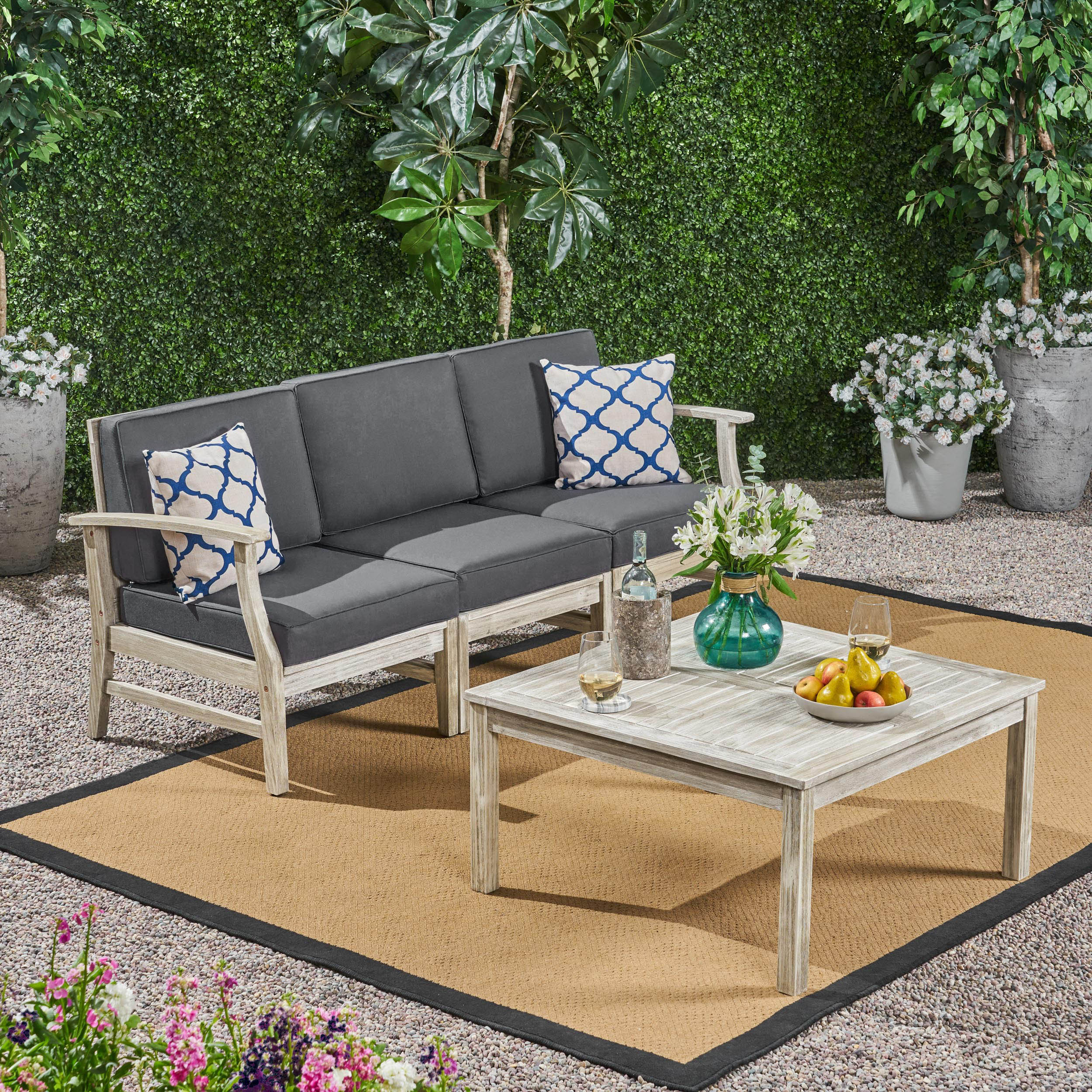 Christopher Knight Home 308319 Perla Outdoor Acacia 4 pc. Cushioned Sofa and Table Set