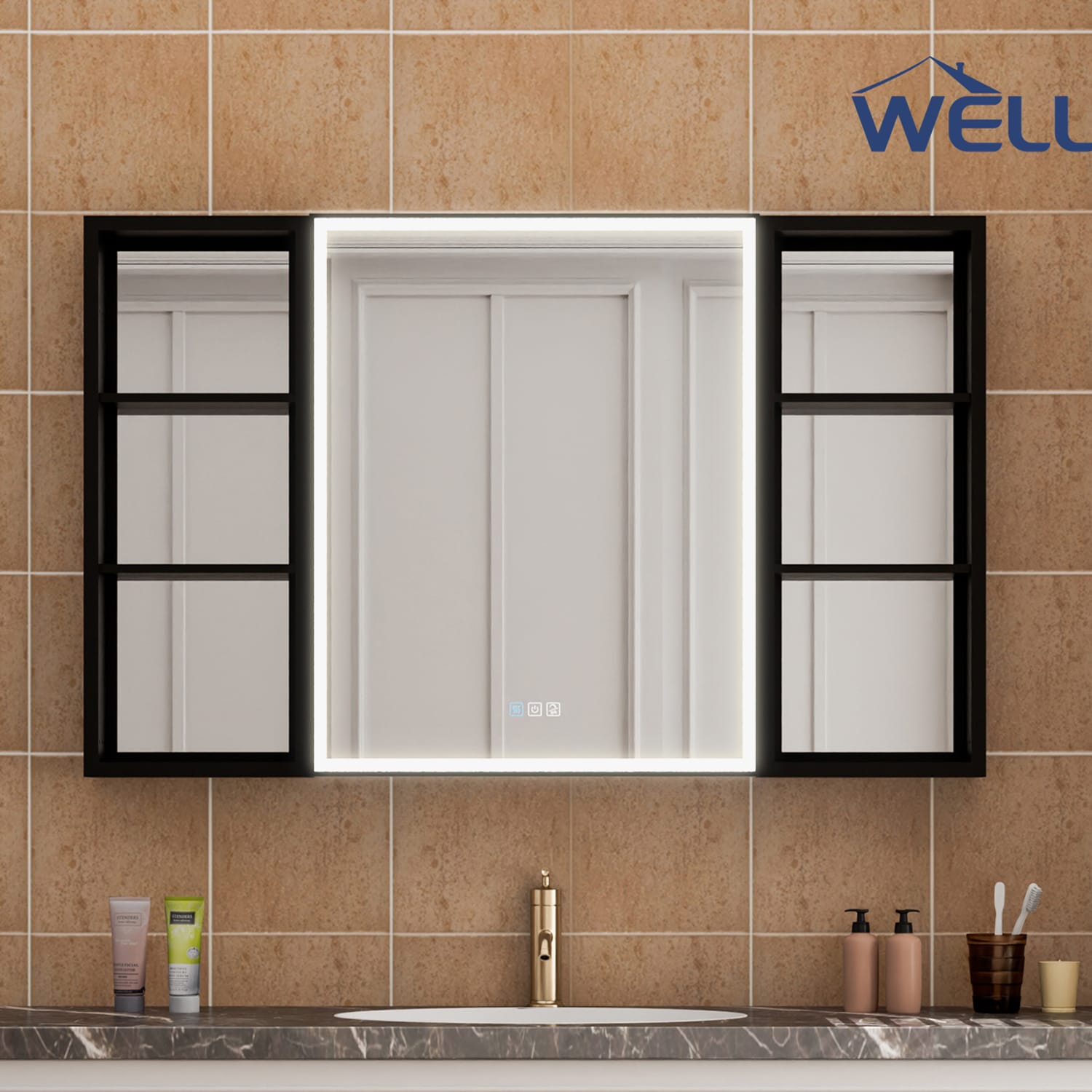 WELLFOR MC-W12MCL2430L-MC W12 48-in x 30-in Lighted LED Fog Free Surface/Recessed Mount Anodized Black Aluminum Mirrored Rectangle Soft Close Medicine Cabinet with Outlet