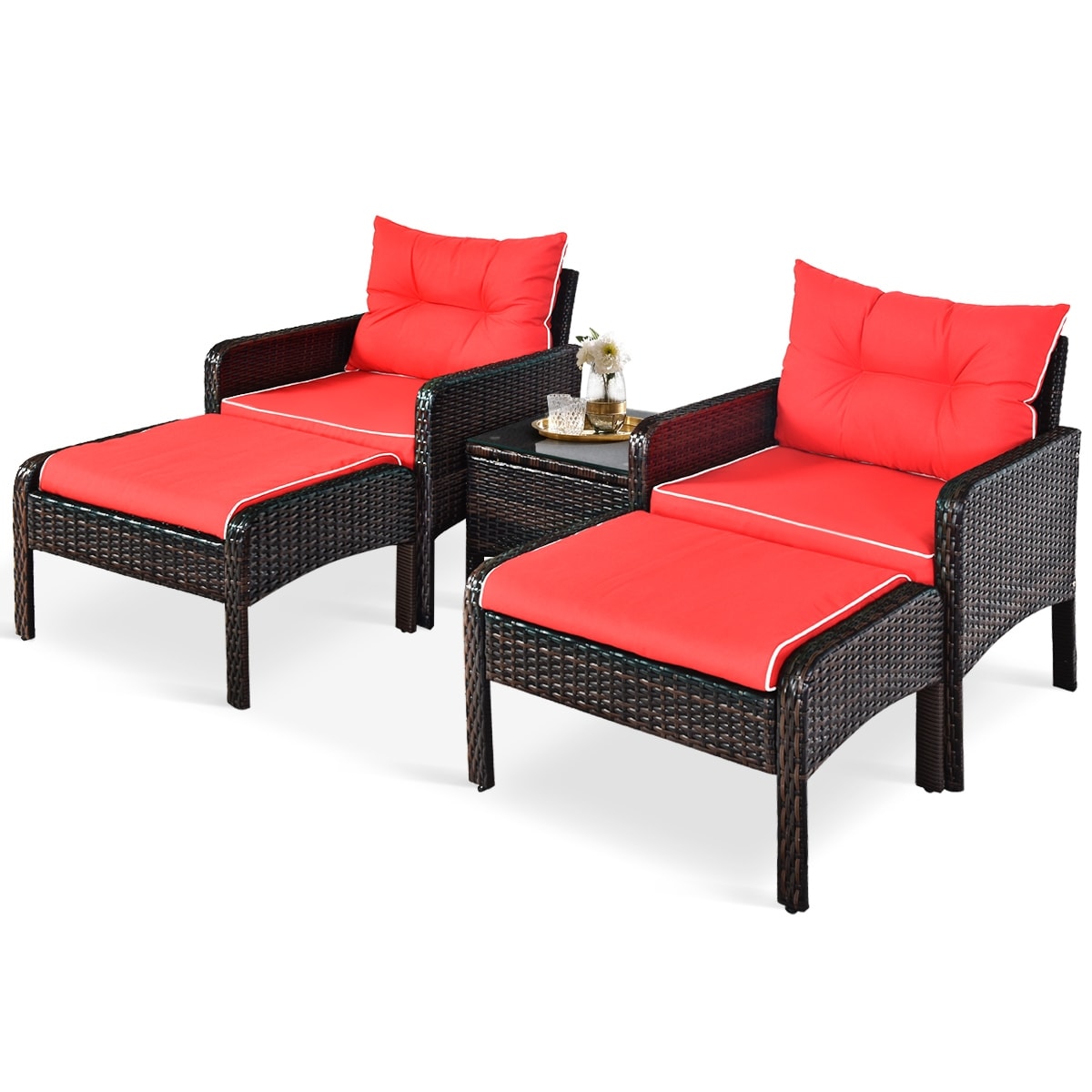 WELLFOR LWAROP19 Red Cushioned Sofa 5 -Piece Rattan 2 Patio Sofa Conversation Set with Red Cushions