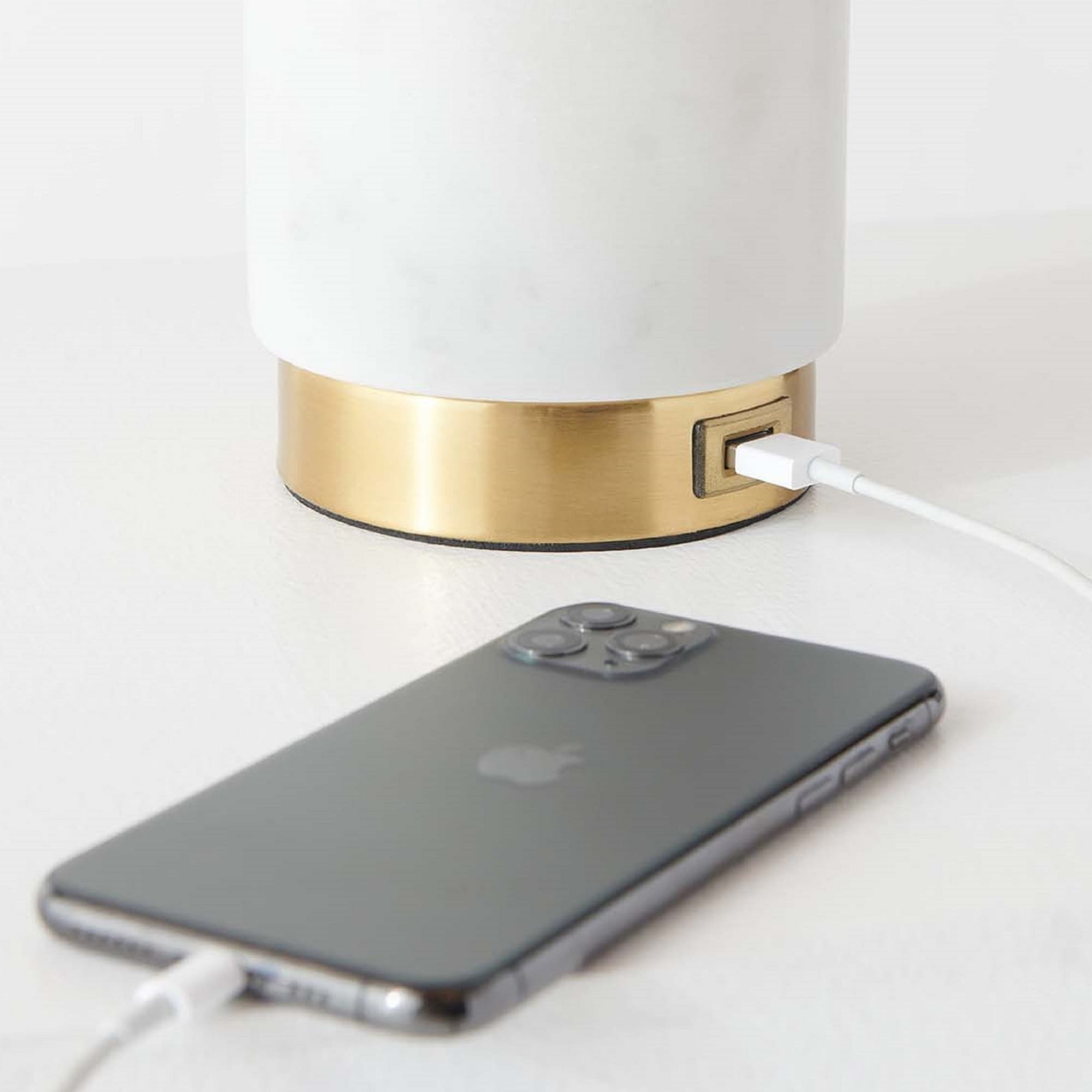 White Marble LED Table Lamp with USB Port and Brass Accents