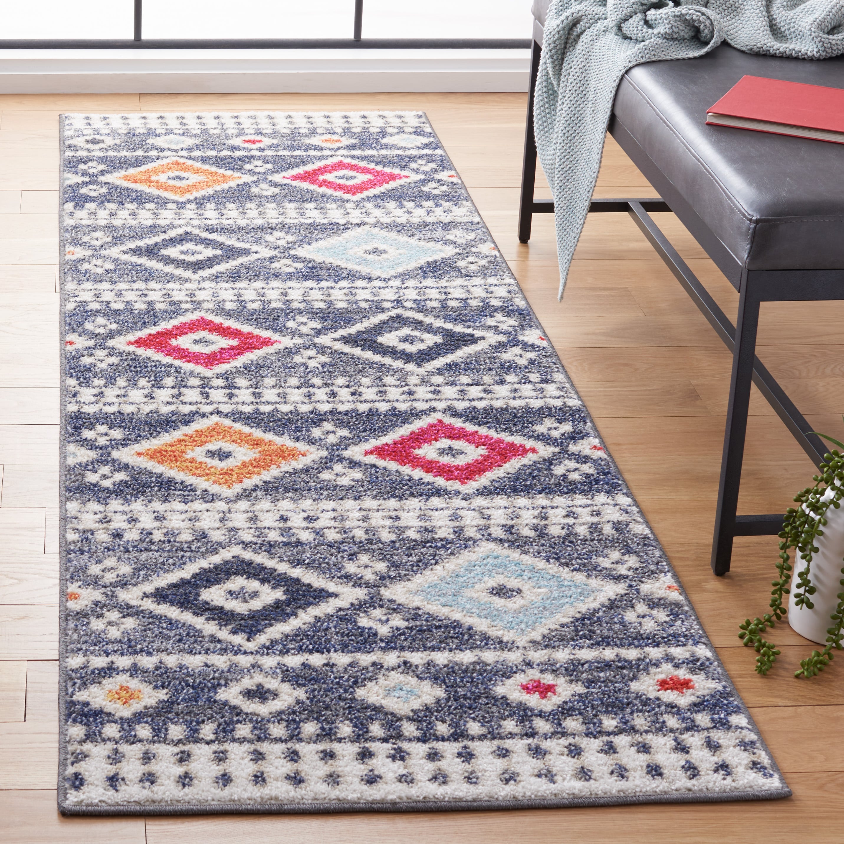 Gray and Beige Synthetic Runner Rug 2'6" x 8'