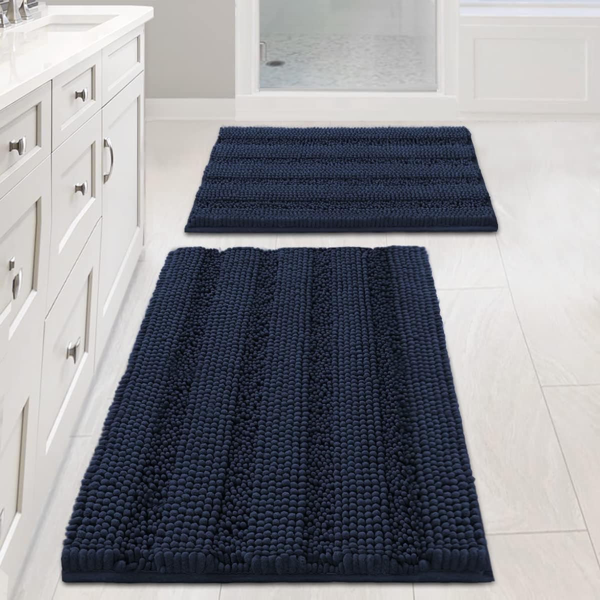 H.Versailtex  2Piece Navy Chenille Bath Rug Set ExtraThick Striped Shaggy Mats 20 x 32 NonSlip
