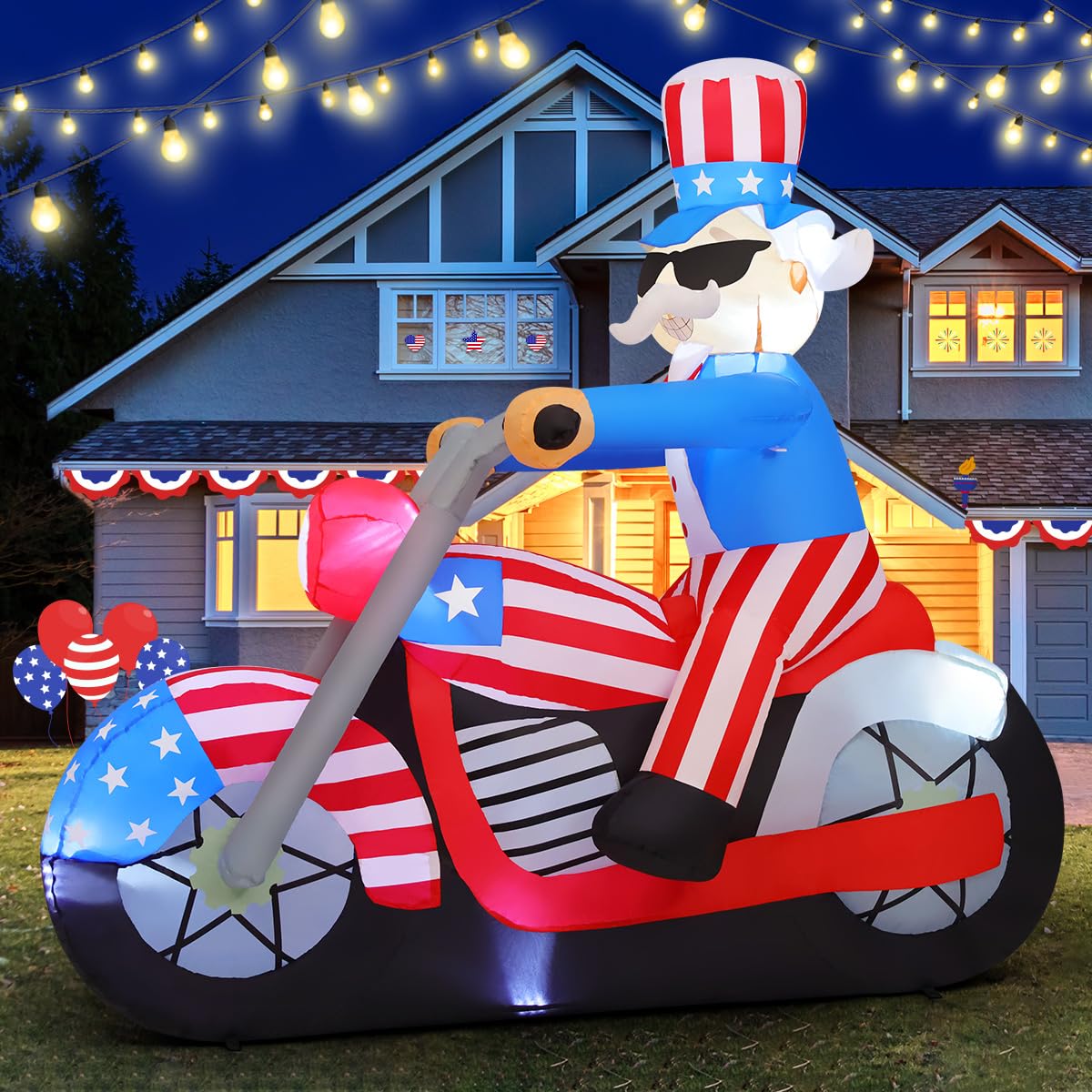 Patriotic Uncle Sam Inflatable on Motorcycle with LED Lights