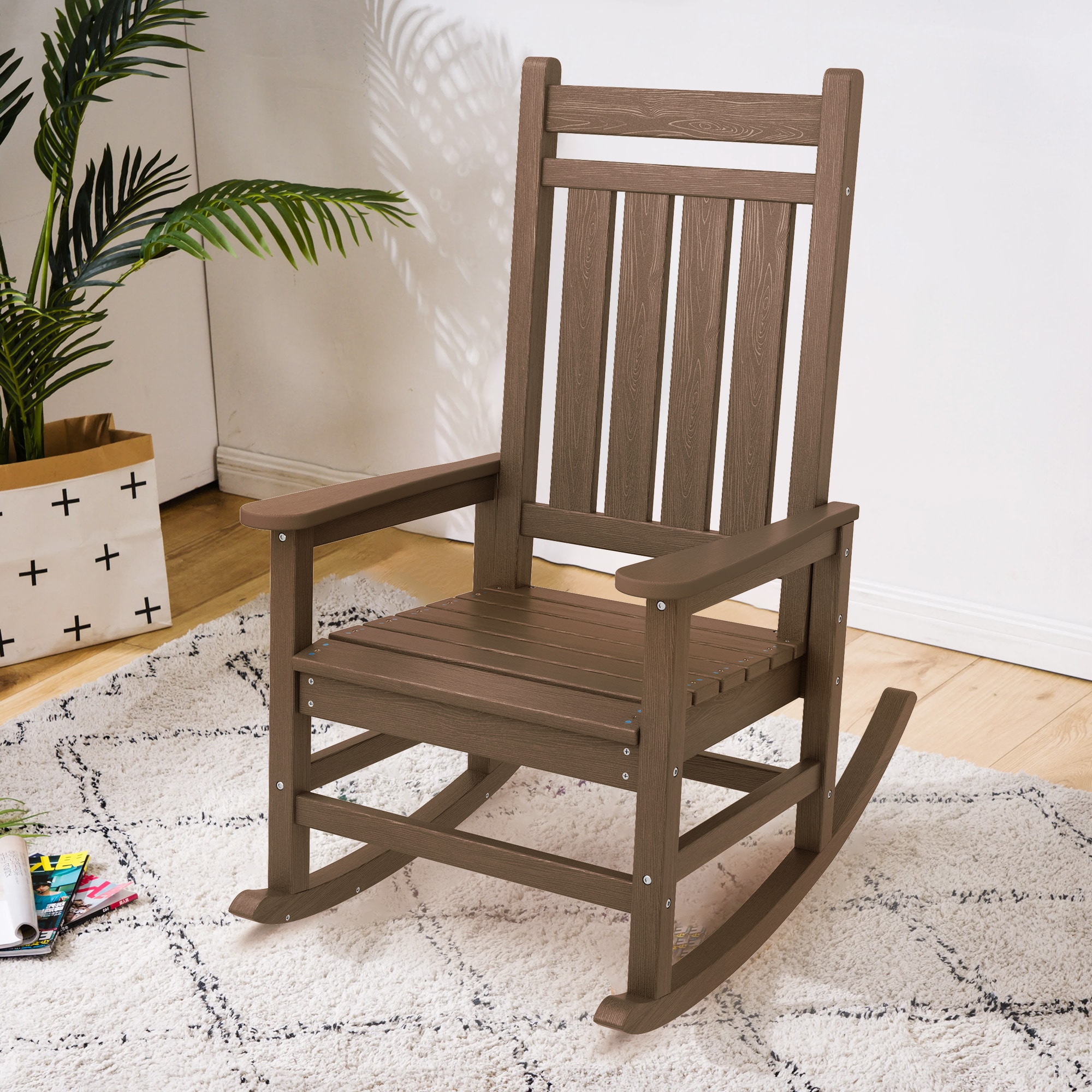 VOUA PEGBYY-BN HDPE Patio Rocking Chairs Weather Resistant Brown HDPE Frame Rocking Chair with Slat Seat