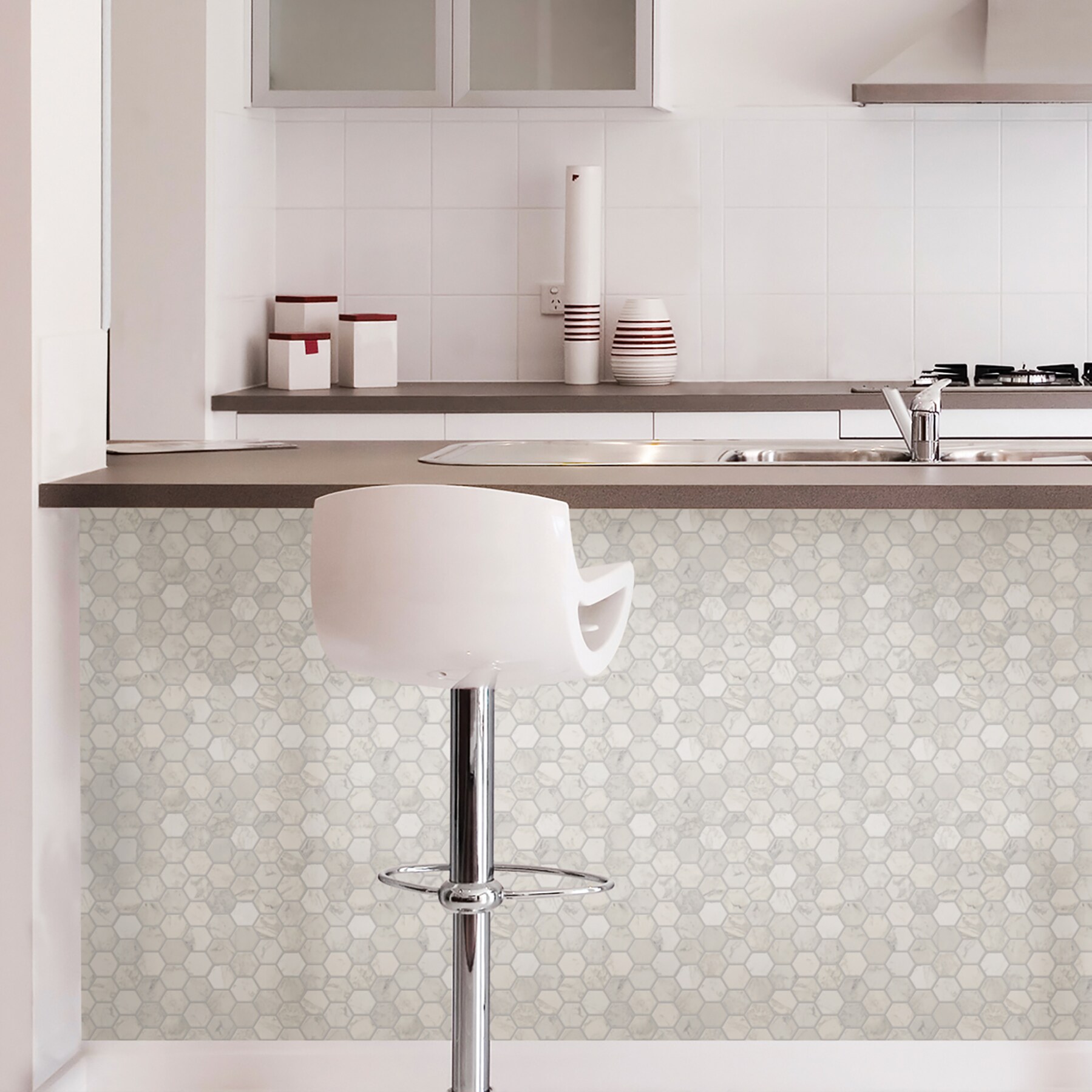 Hexagon White Marble Peel and Stick Mosaic Tile