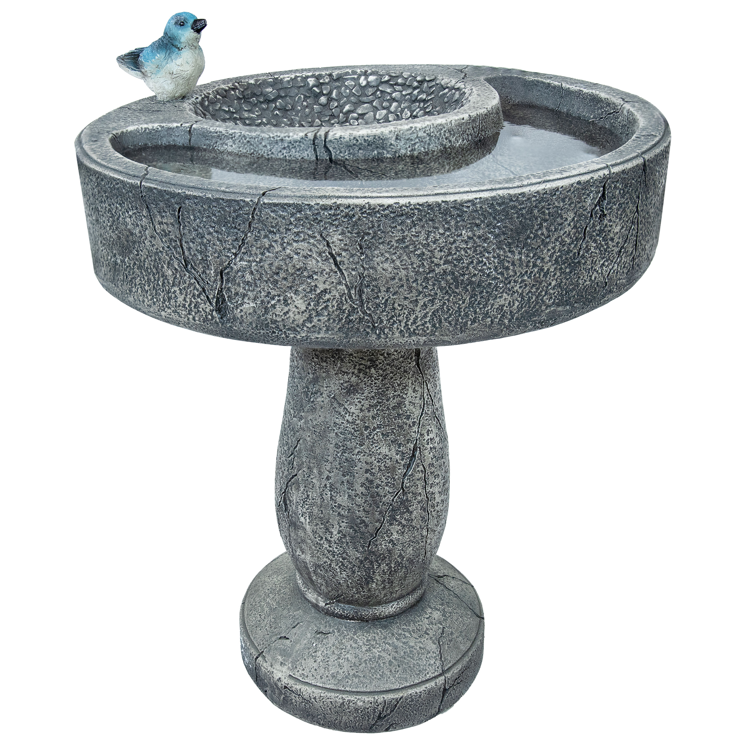 Gray Polyresin Bird Bath with Feeder Compartment, 27" Tall