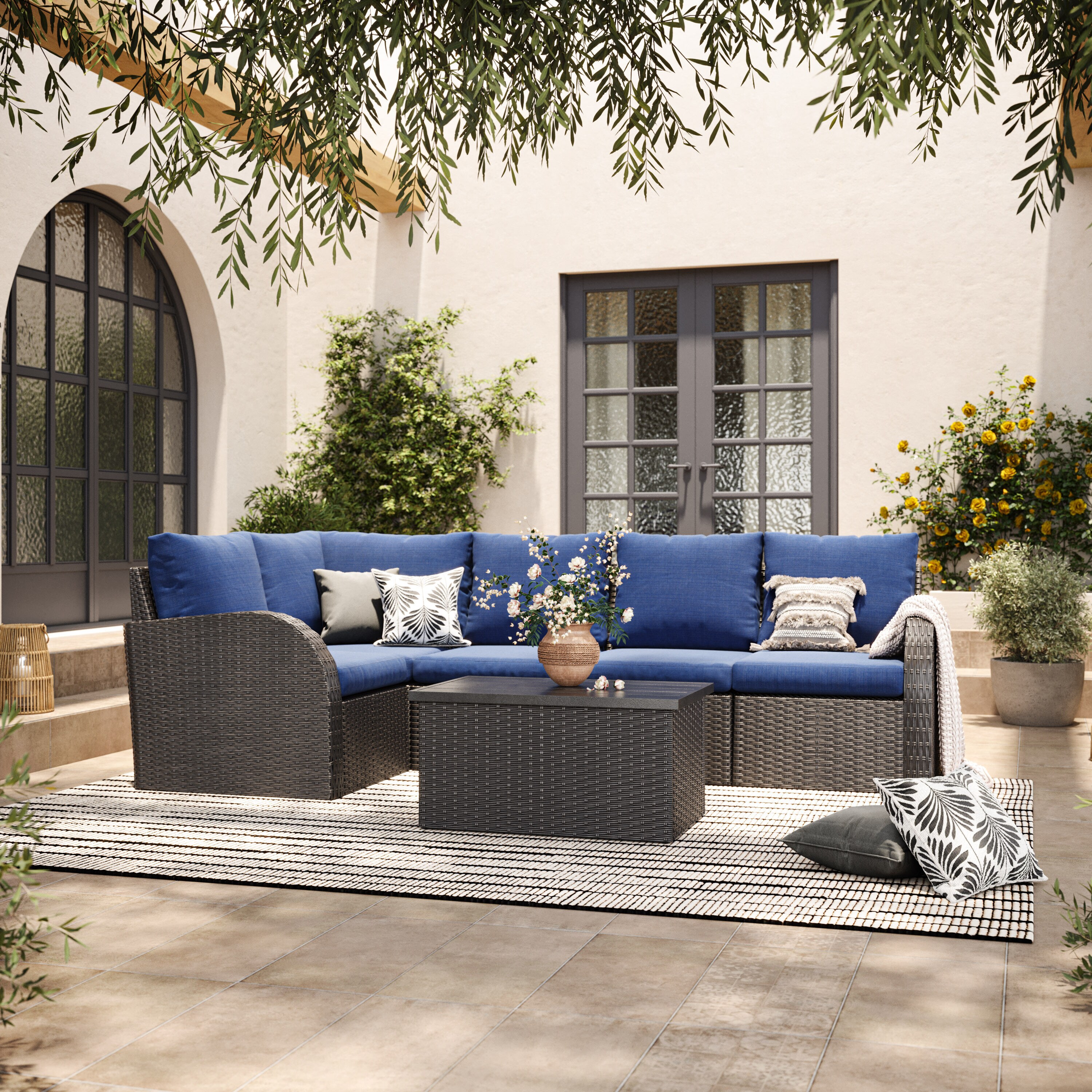 CorLiving Brisbane 6-Piece Rattan Patio Conversation Set with Blue ...