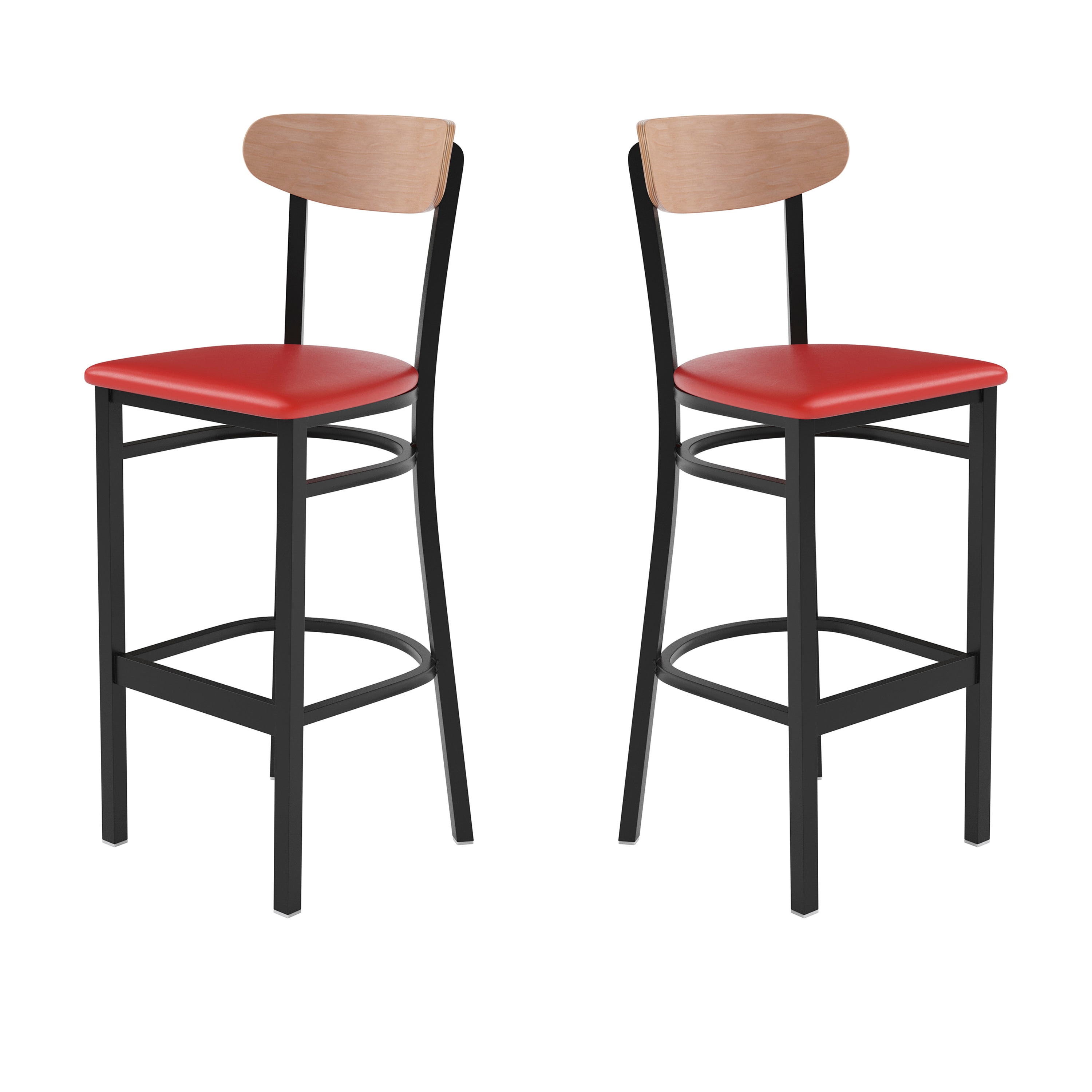 Flash Furniture 196861010255 Wright Set of 2 Commercial Barstools with 500 LB. Capacity Black Steel Frame; Natural Birch Finish Wooden Boomerang Back; and Red Vinyl Seat