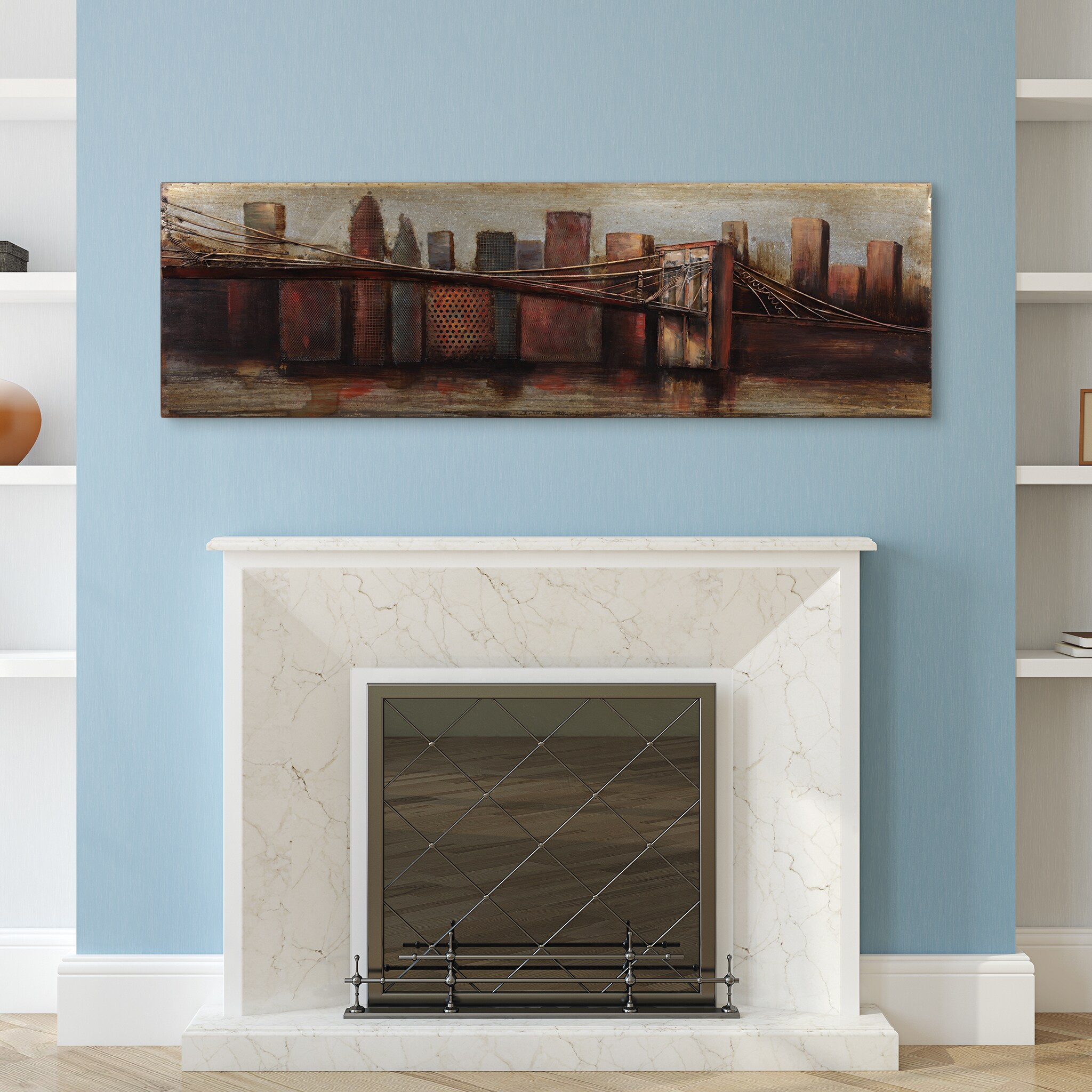Hand Painted Iron Cityscape Wall Art Sculpture, 72" x 22"
