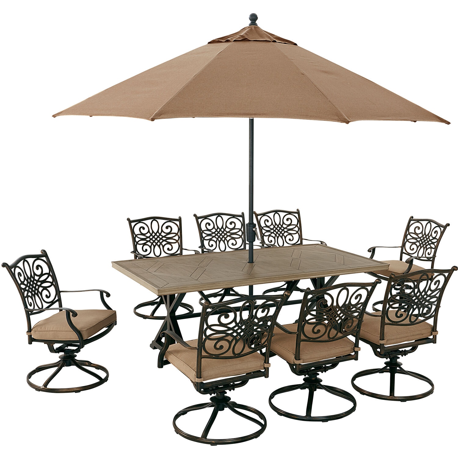 Hanover TRADDN9PTFSW8-SU-T Traditions 9-Piece Set in Tan with 8 Swivel Rockers, 42 in x 80 in Tile-Top Farmhouse Table, Umbrella and Stand