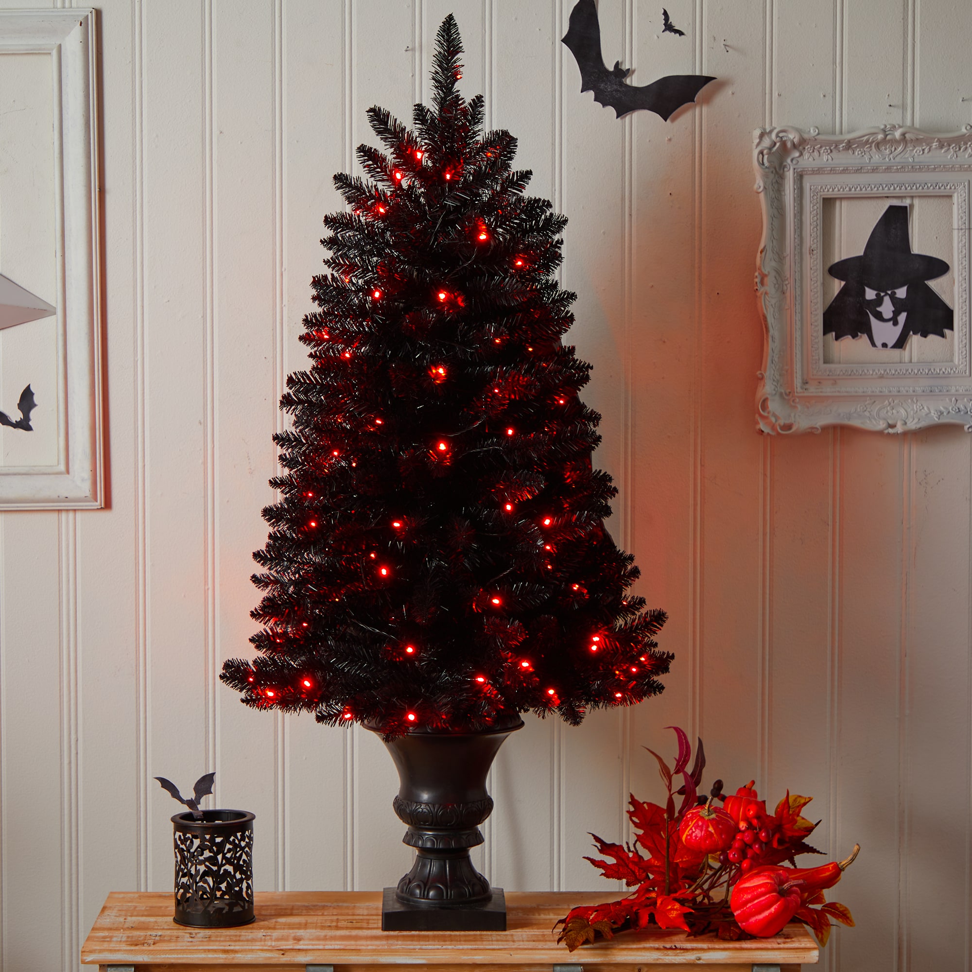 black christmas tree with red lights