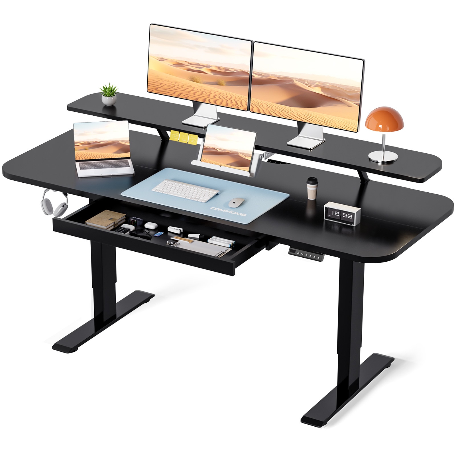GTPLAYER LOWE-DTS118-BLK-140 Black 55 IN W Electric Standing Desk with Drawers Sit Stand up Desk