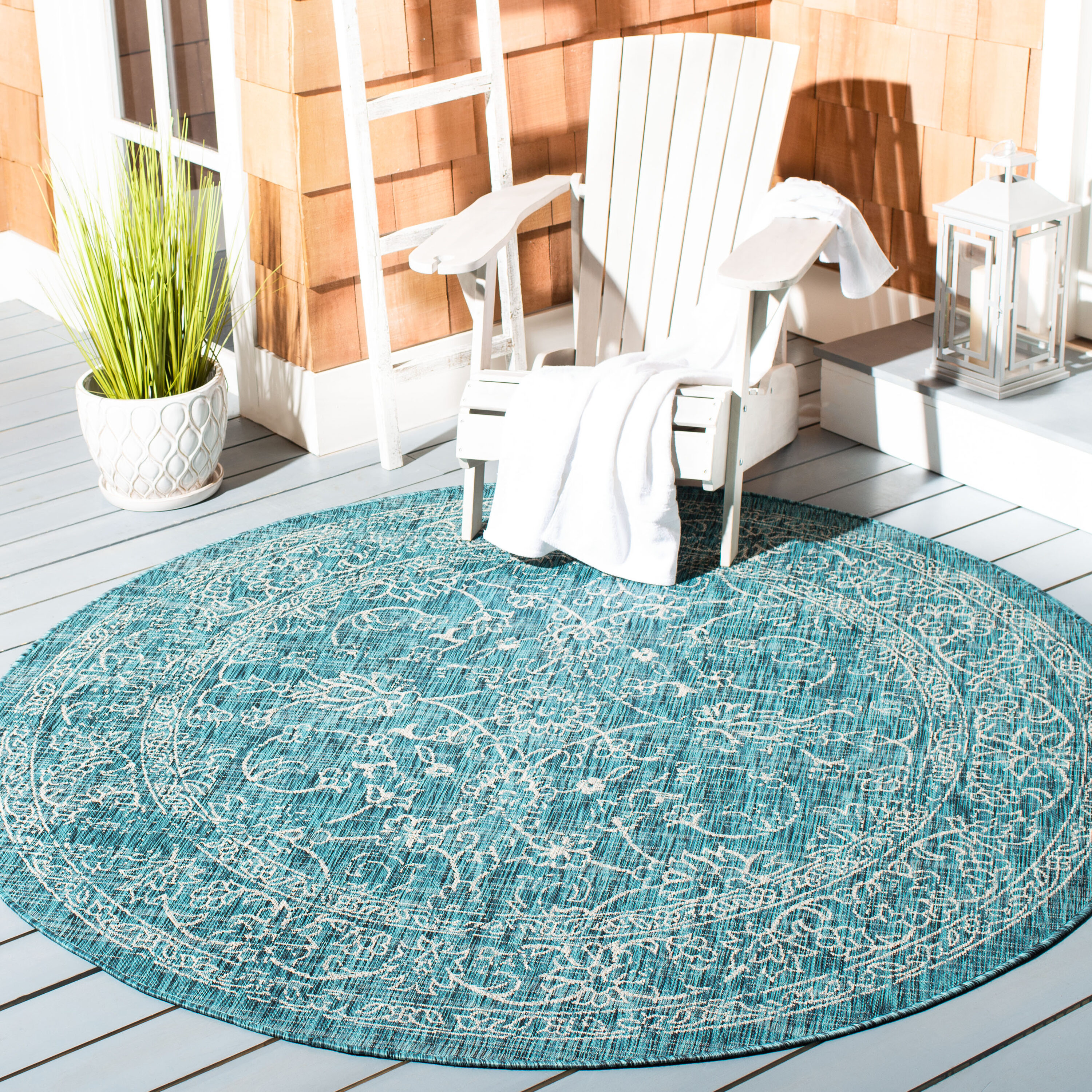 Safavieh Courtyard 8 X 8 Turquoise Round Indoor/Outdoor Floral Tropical  Area Rug in the Rugs department at