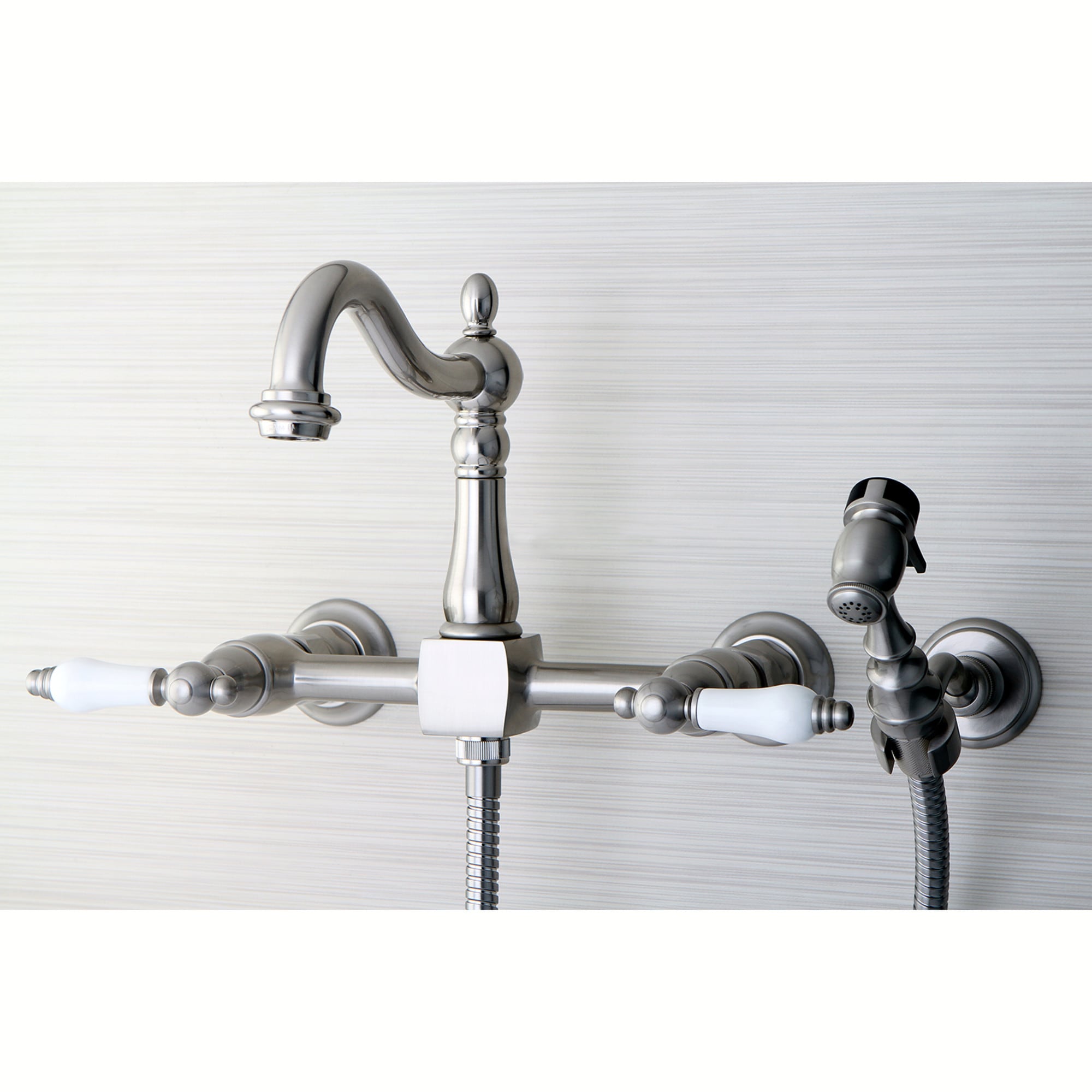 Kingston Brass WLKS1268PLBS Heritage Brushed nickel Double Handle Wall-mount Kitchen Faucet with Sprayer ( Side Sprayer Included )