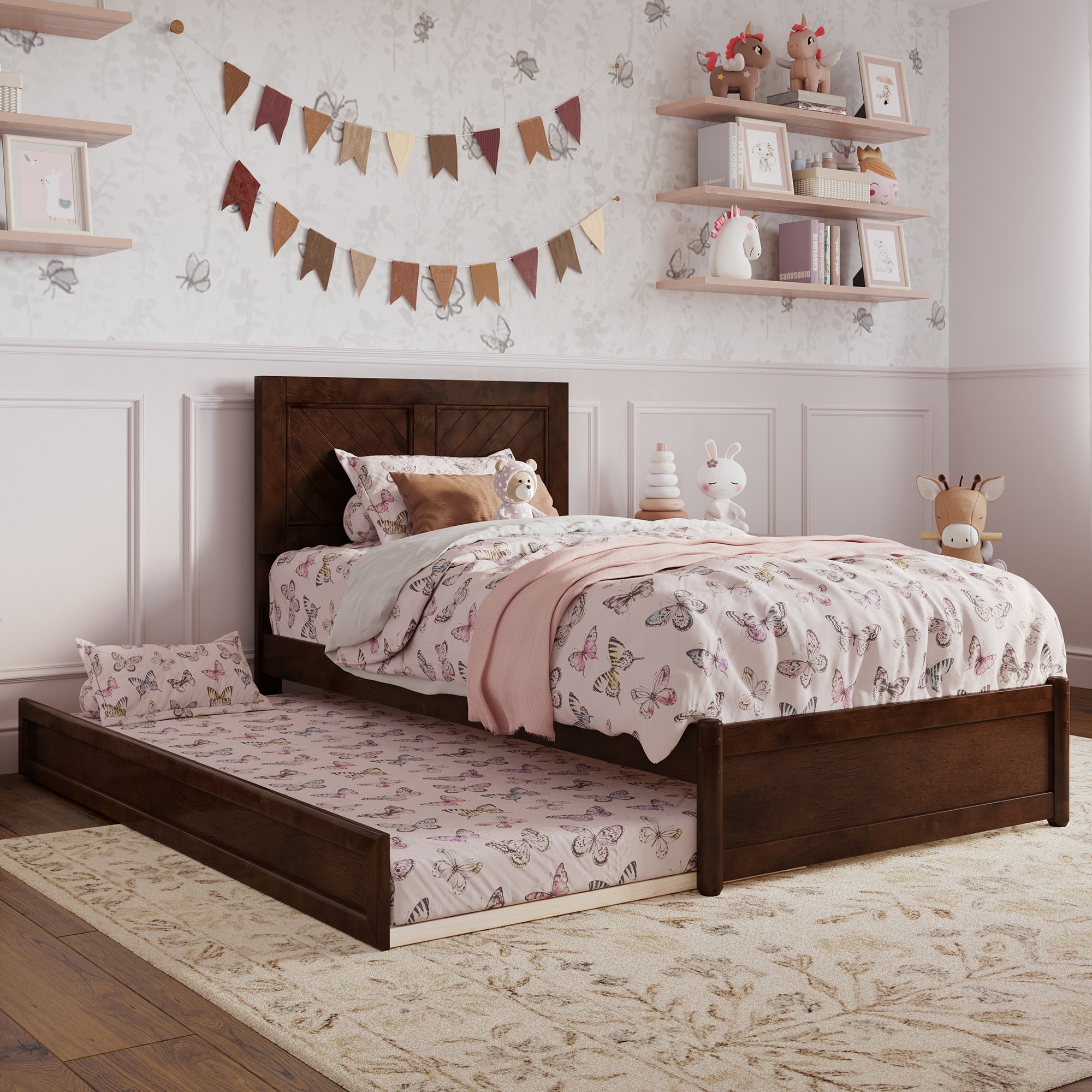 AFI AR9587224 Twin Walnut Wood Trundle Bed with Headboard