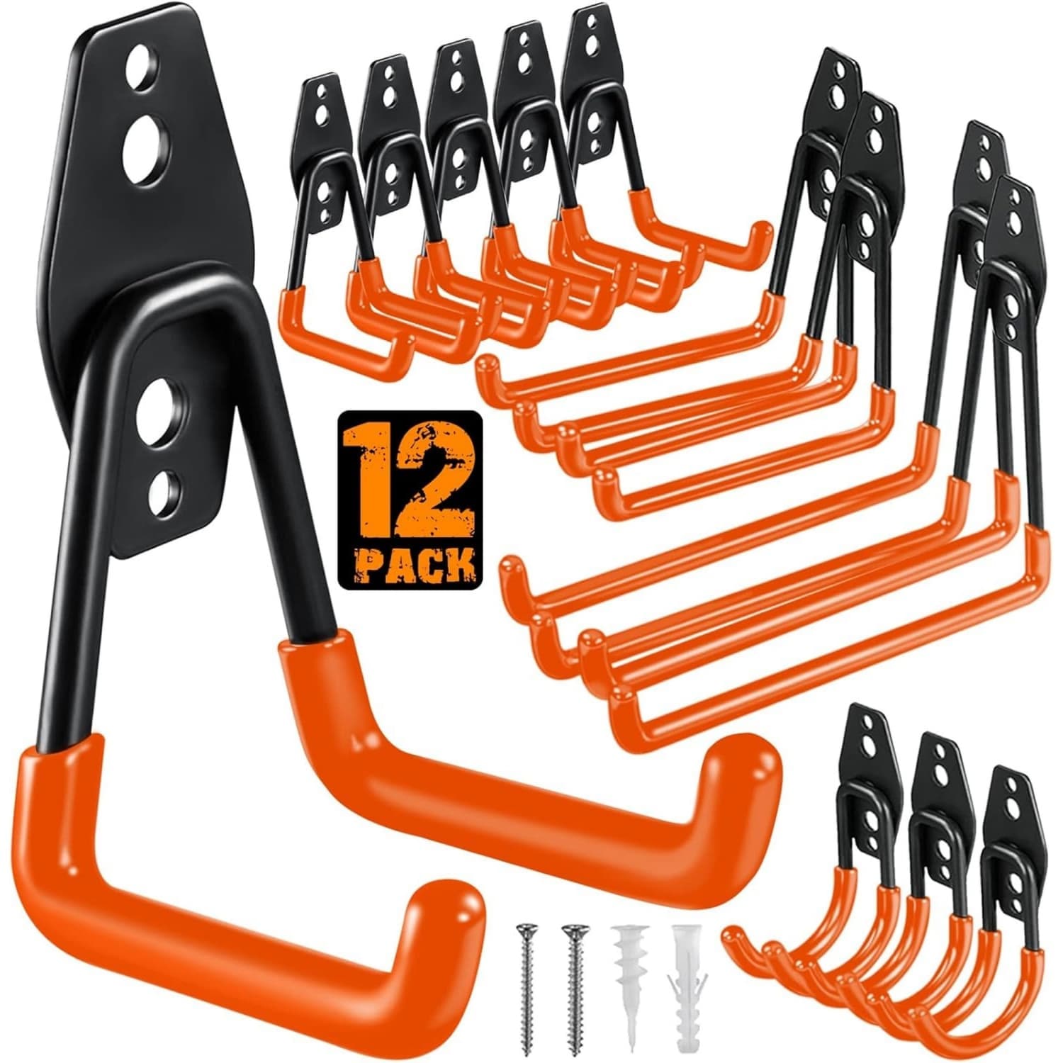OGETFUUR 12-Pack Assorted Size Steel Wall Mount Orange Utility Hooks with Anti-Slip Coating Garage Storage Organizer for Garage Wall