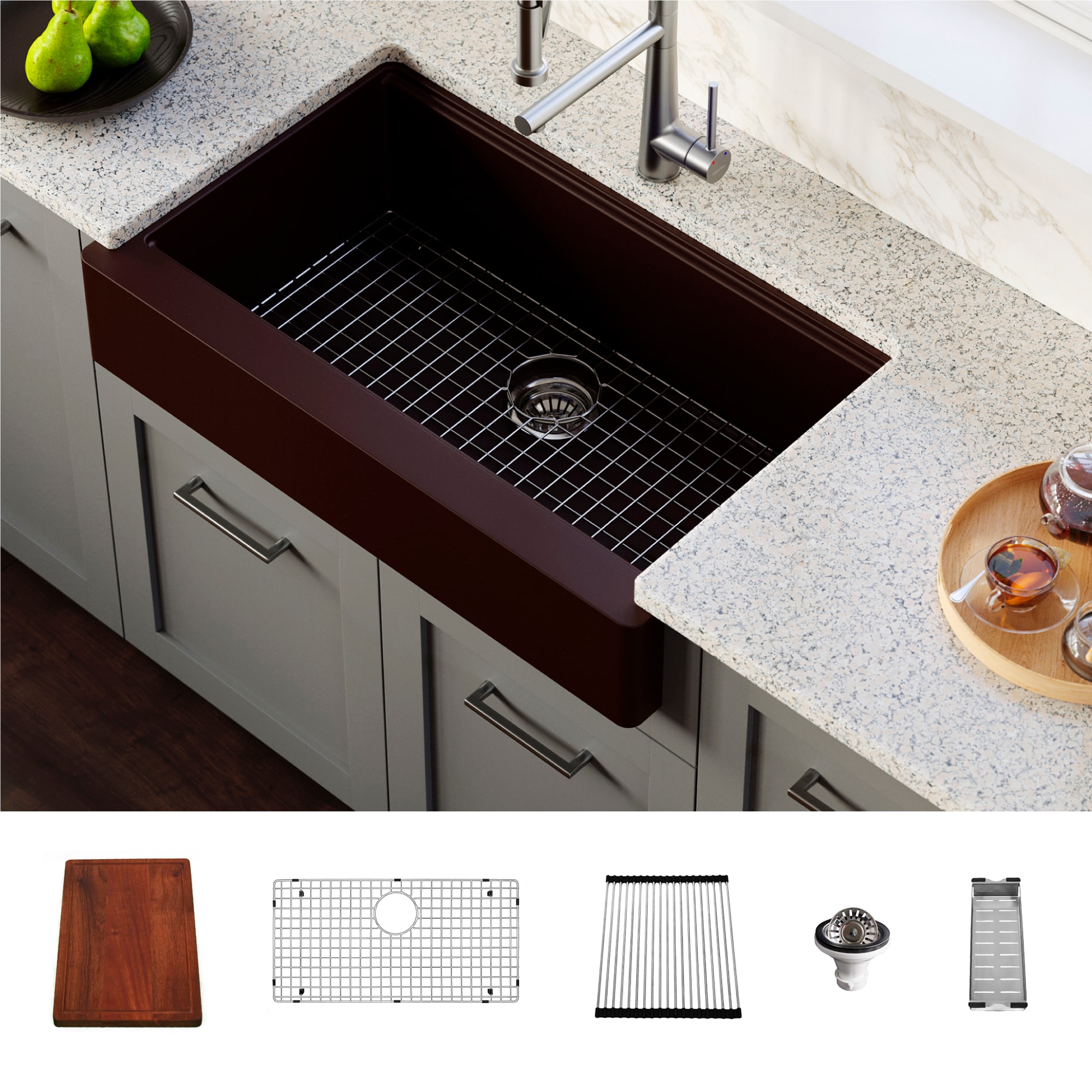 Karran QARWS-740-BR Farmhouse apron front 34-in x 21.25-in Quartz Single bowl Workstation Kitchen Sink
