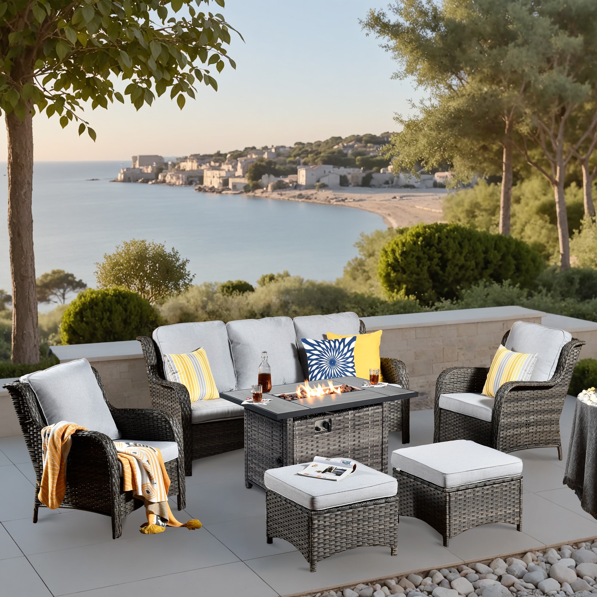 Ovios RFP-GTC4 New Kenard 6 -Piece Rattan Patio Sofa Conversation Set with Gray Cushions