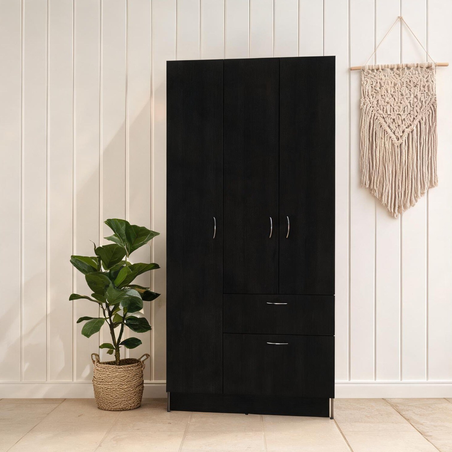 SUNCREAT Double-door wardrobe armoire with hidden shoe drawer and hanging rod in multicolor particle board